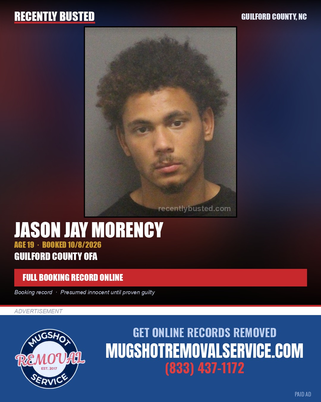 JASON JAY MORENCY — arrest record card, Guilford County, North Carolina