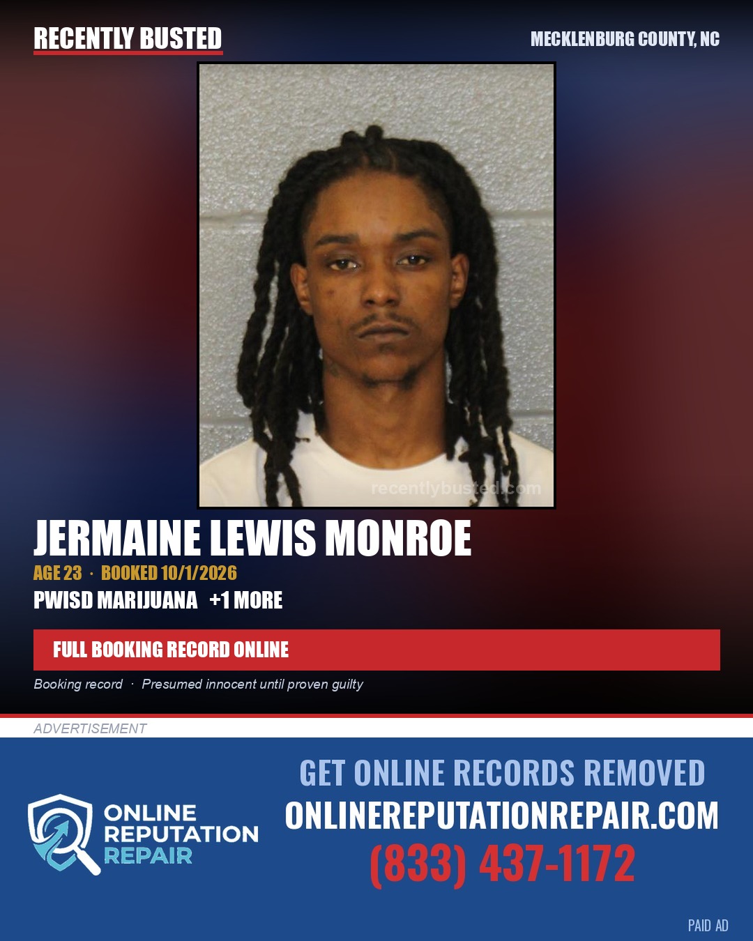 JERMAINE LEWIS MONROE — arrest record card, Mecklenburg County, North Carolina