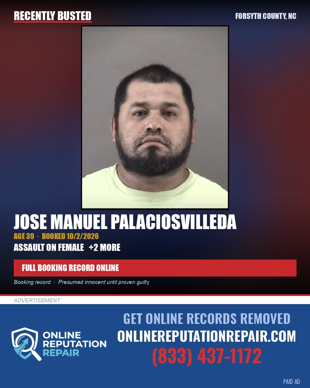 JOSE MANUEL PALACIOSVILLEDA — arrest record card, Forsyth County, North Carolina