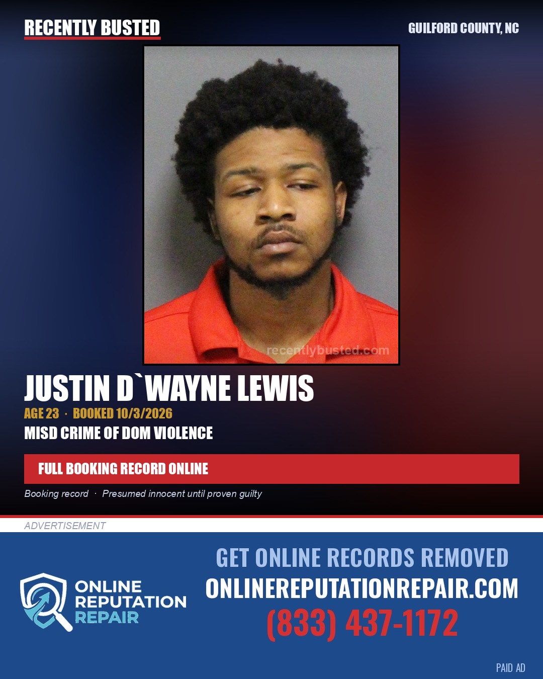 JUSTIN D`WAYNE LEWIS — arrest record card, Guilford County, North Carolina