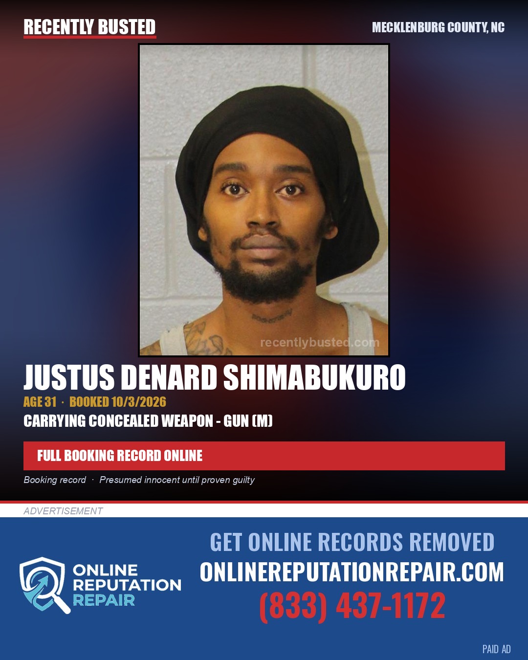 JUSTUS DENARD SHIMABUKURO — arrest record card, Mecklenburg County, North Carolina