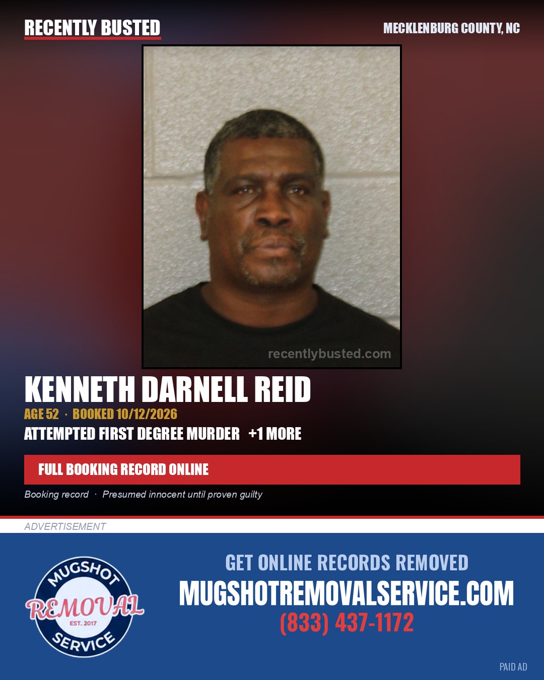 KENNETH DARNELL REID — arrest record card, Mecklenburg County, North Carolina
