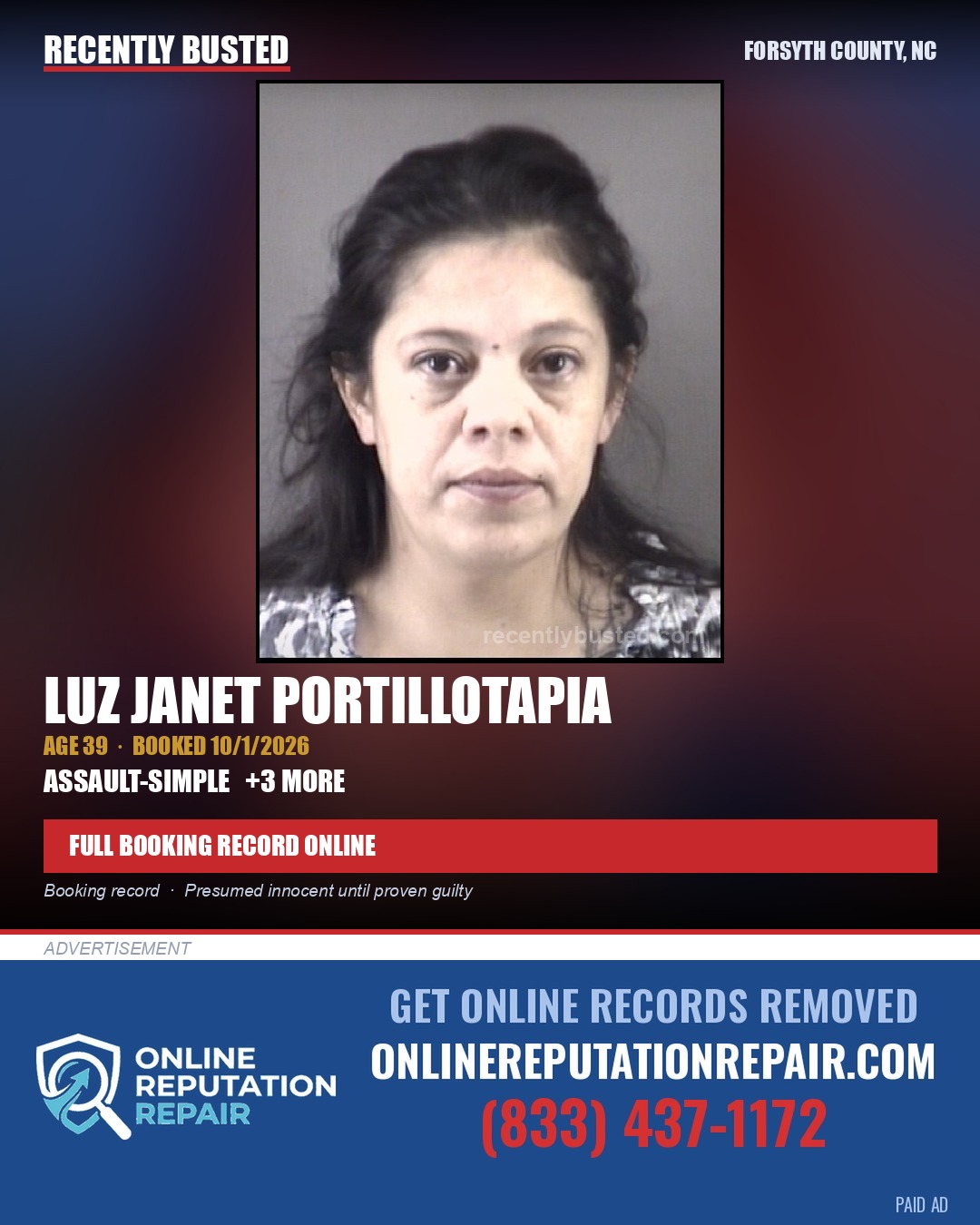 LUZ JANET PORTILLOTAPIA — arrest record card, Forsyth County, North Carolina