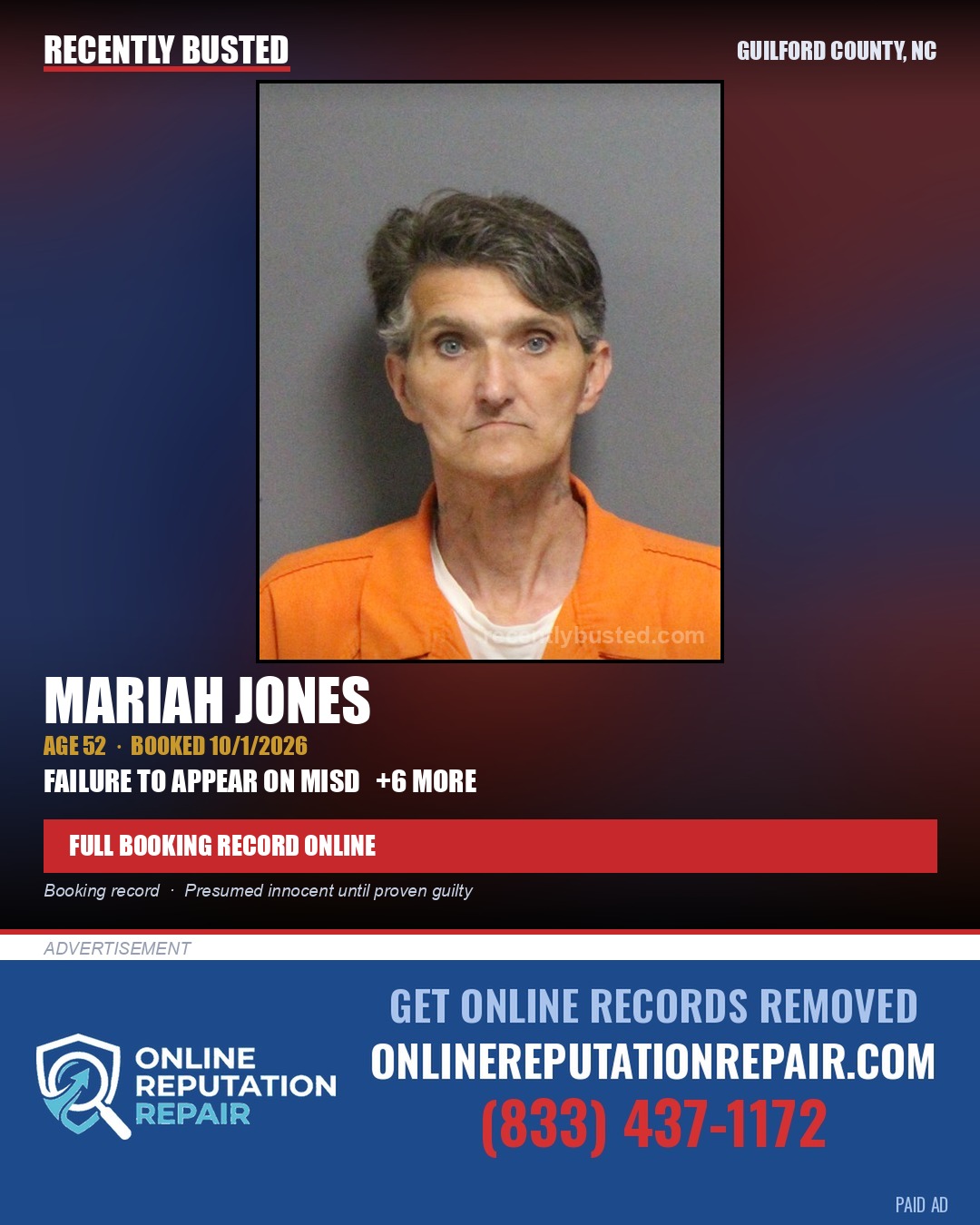 MARIAH JONES — arrest record card, Guilford County, North Carolina
