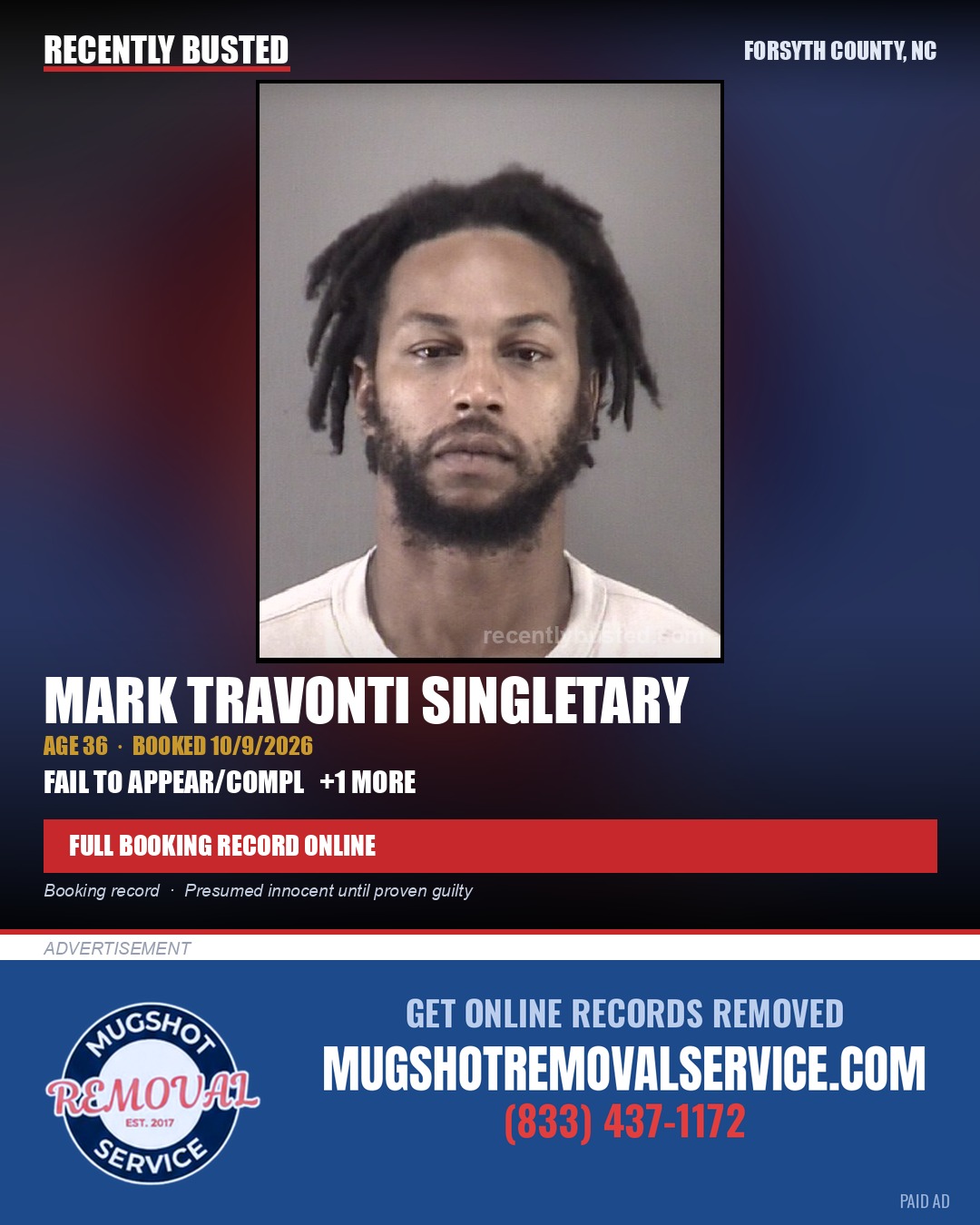 MARK TRAVONTI SINGLETARY — arrest record card, Forsyth County, North Carolina