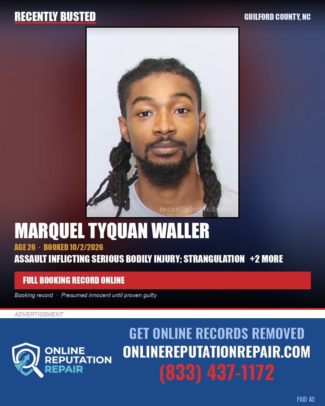 MARQUEL TYQUAN WALLER — arrest record card, Guilford County, North Carolina