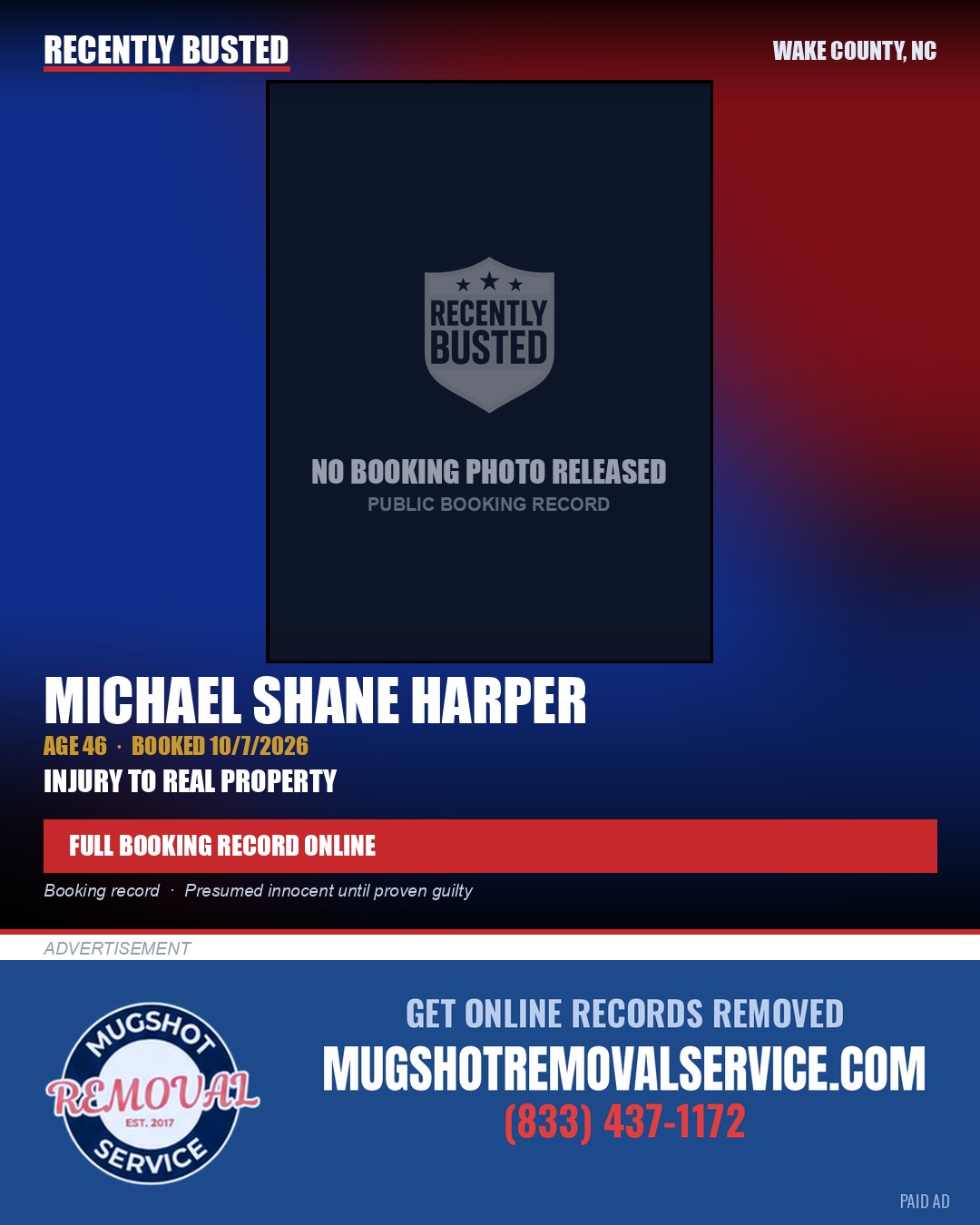 MICHAEL SHANE HARPER — arrest record card, Wake County, North Carolina