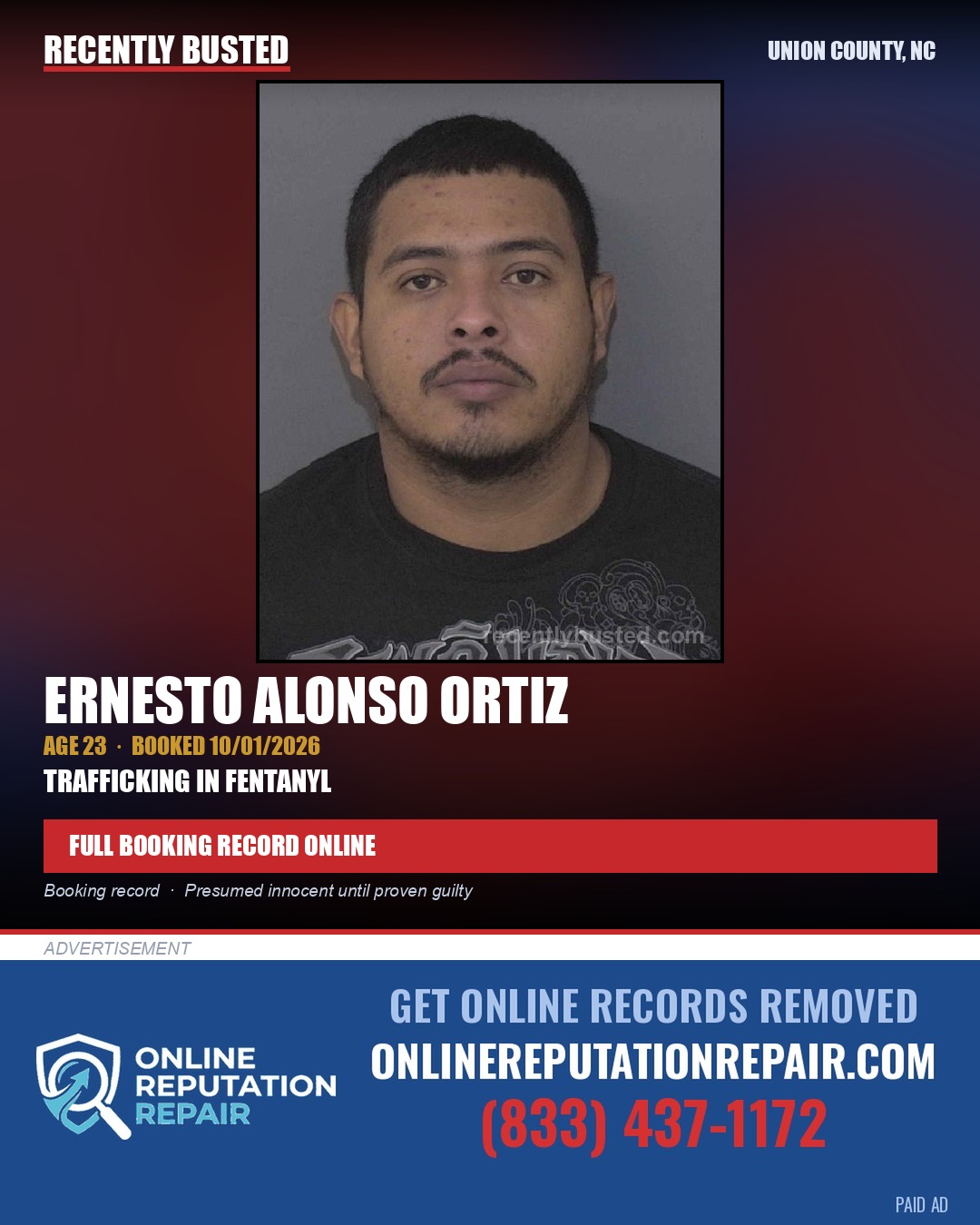ORTIZ, ERNESTO ALONSO — arrest record card, Union County, North Carolina