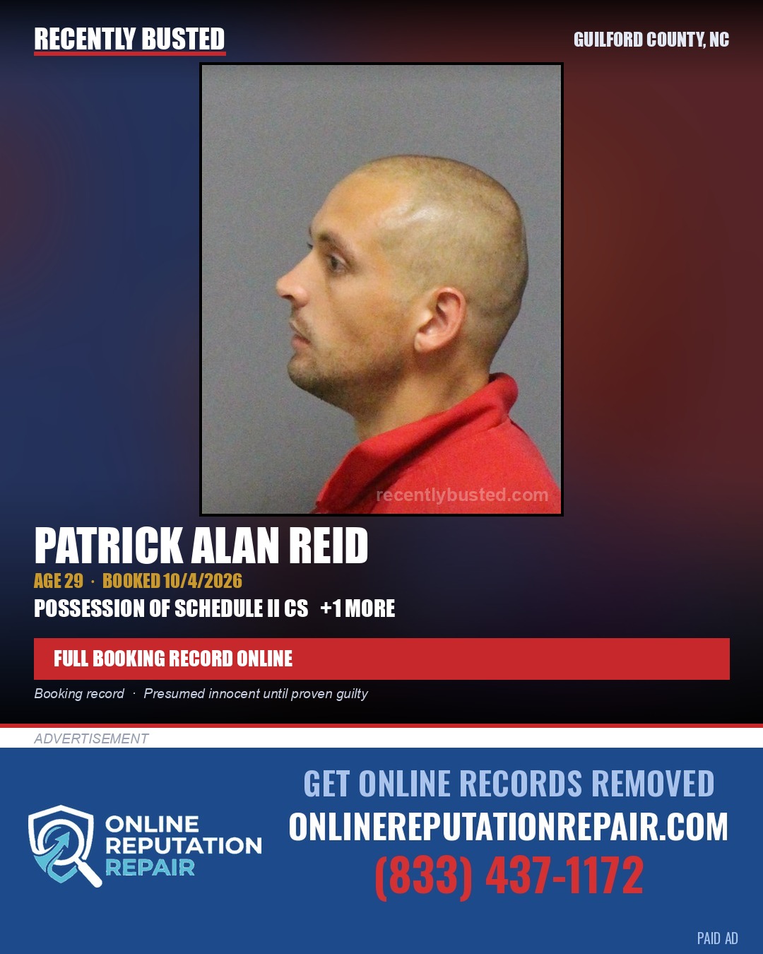 PATRICK ALAN REID — arrest record card, Guilford County, North Carolina