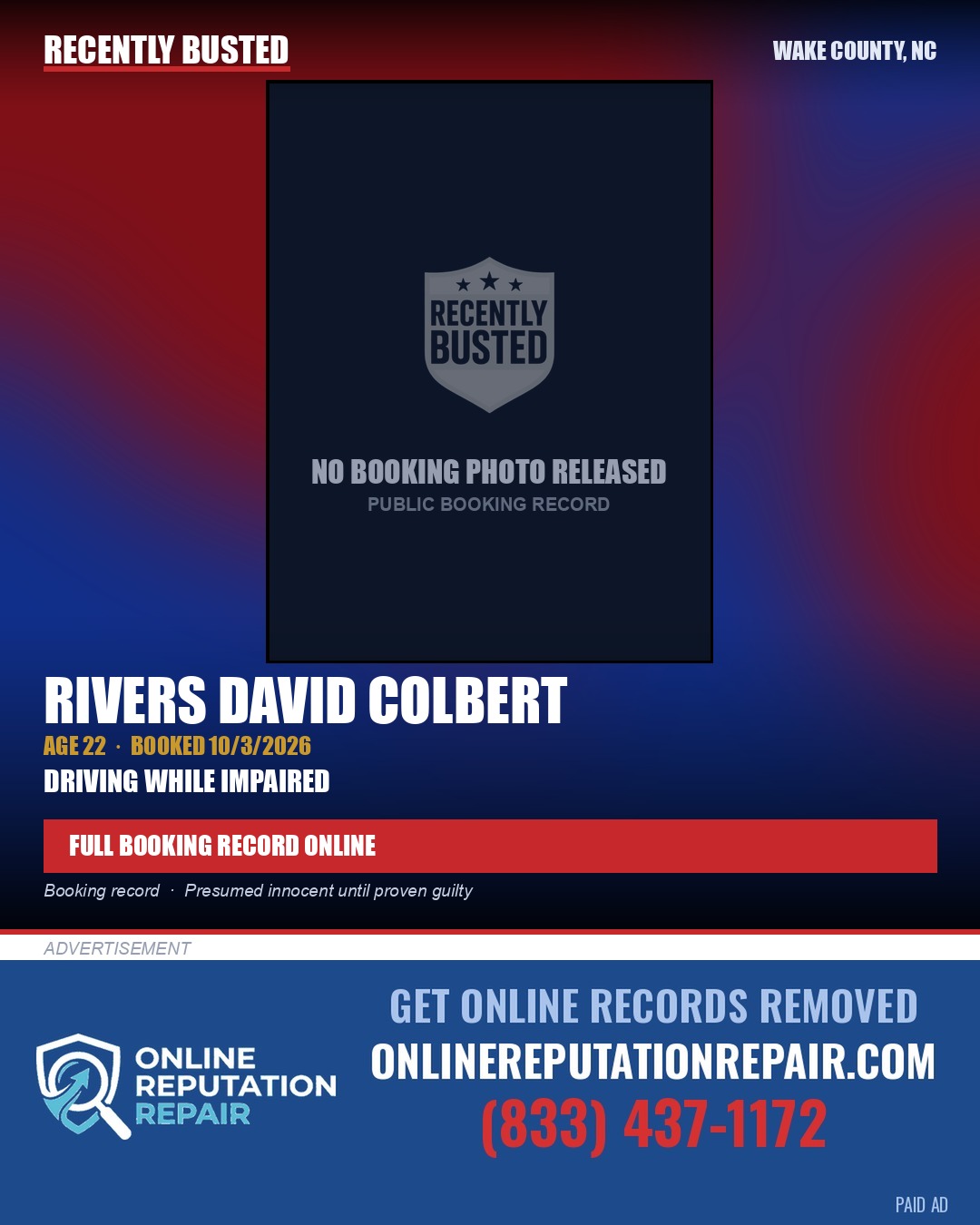 RIVERS DAVID COLBERT — arrest record card, Wake County, North Carolina