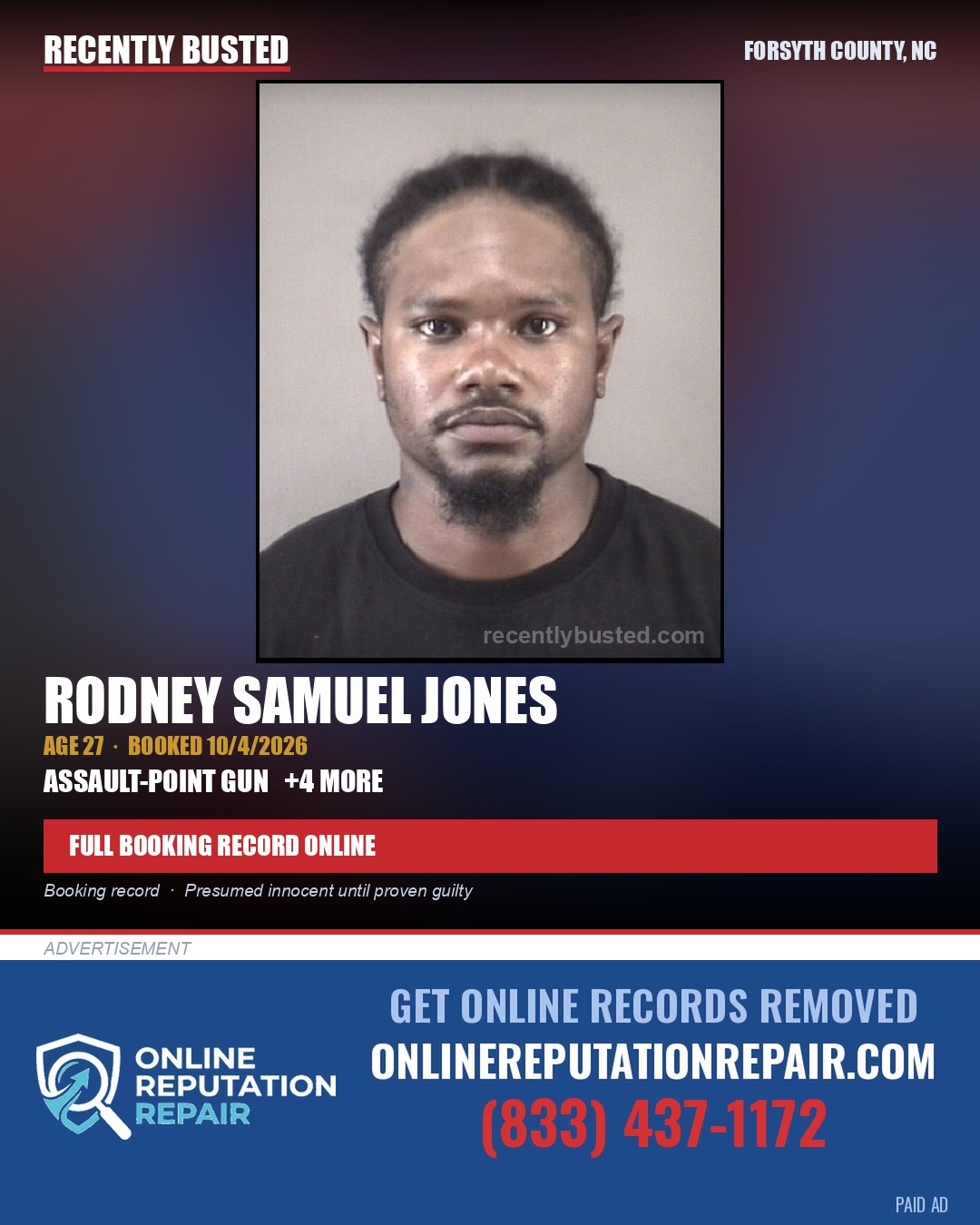 RODNEY SAMUEL JONES — arrest record card, Forsyth County, North Carolina