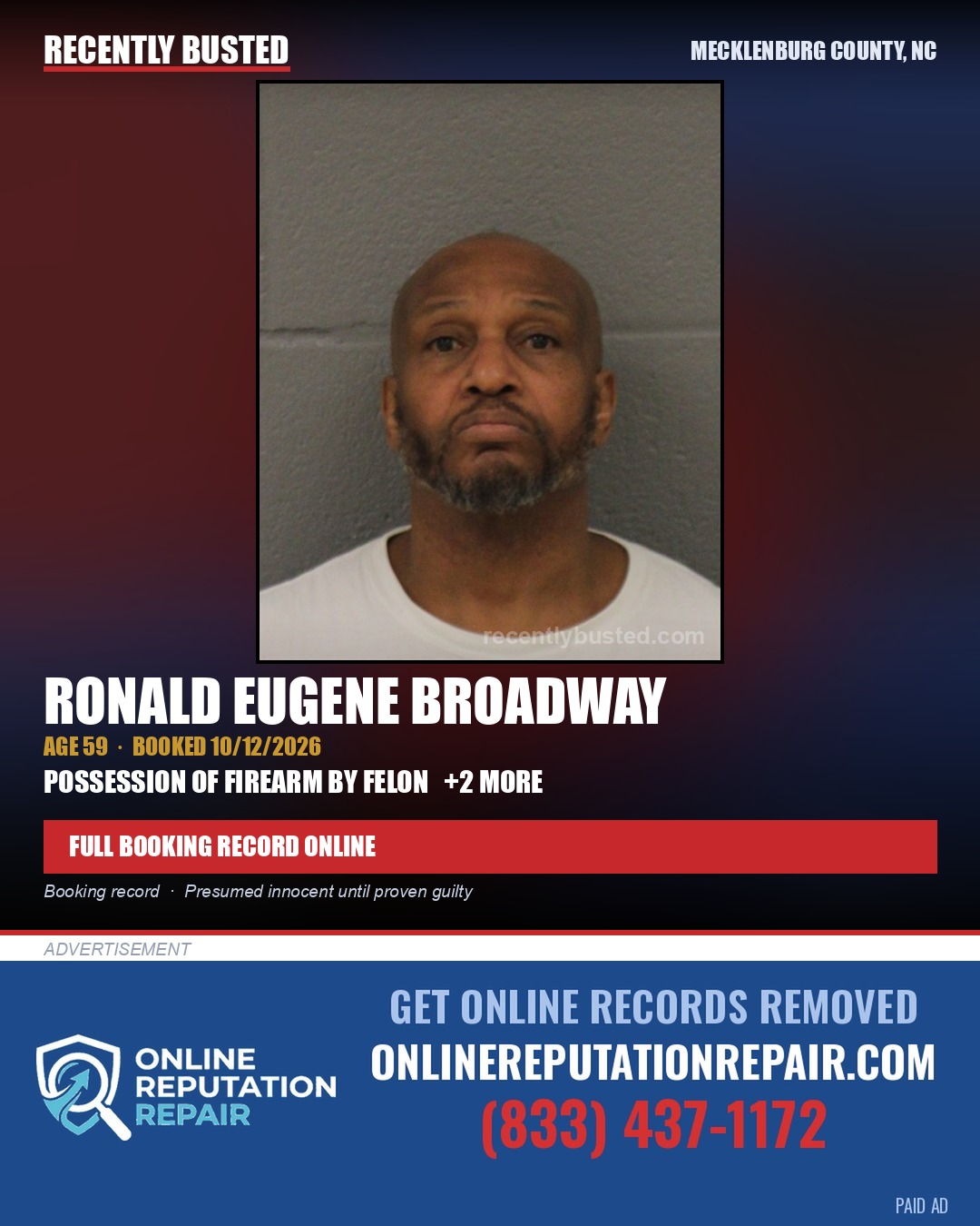 RONALD EUGENE BROADWAY — arrest record card, Mecklenburg County, North Carolina