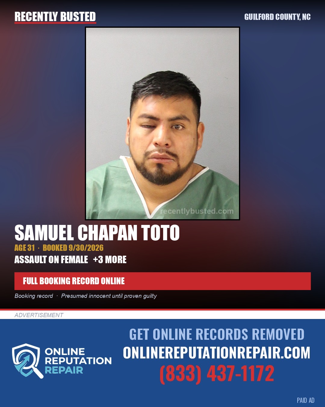 SAMUEL CHAPAN TOTO — arrest record card, Guilford County, North Carolina