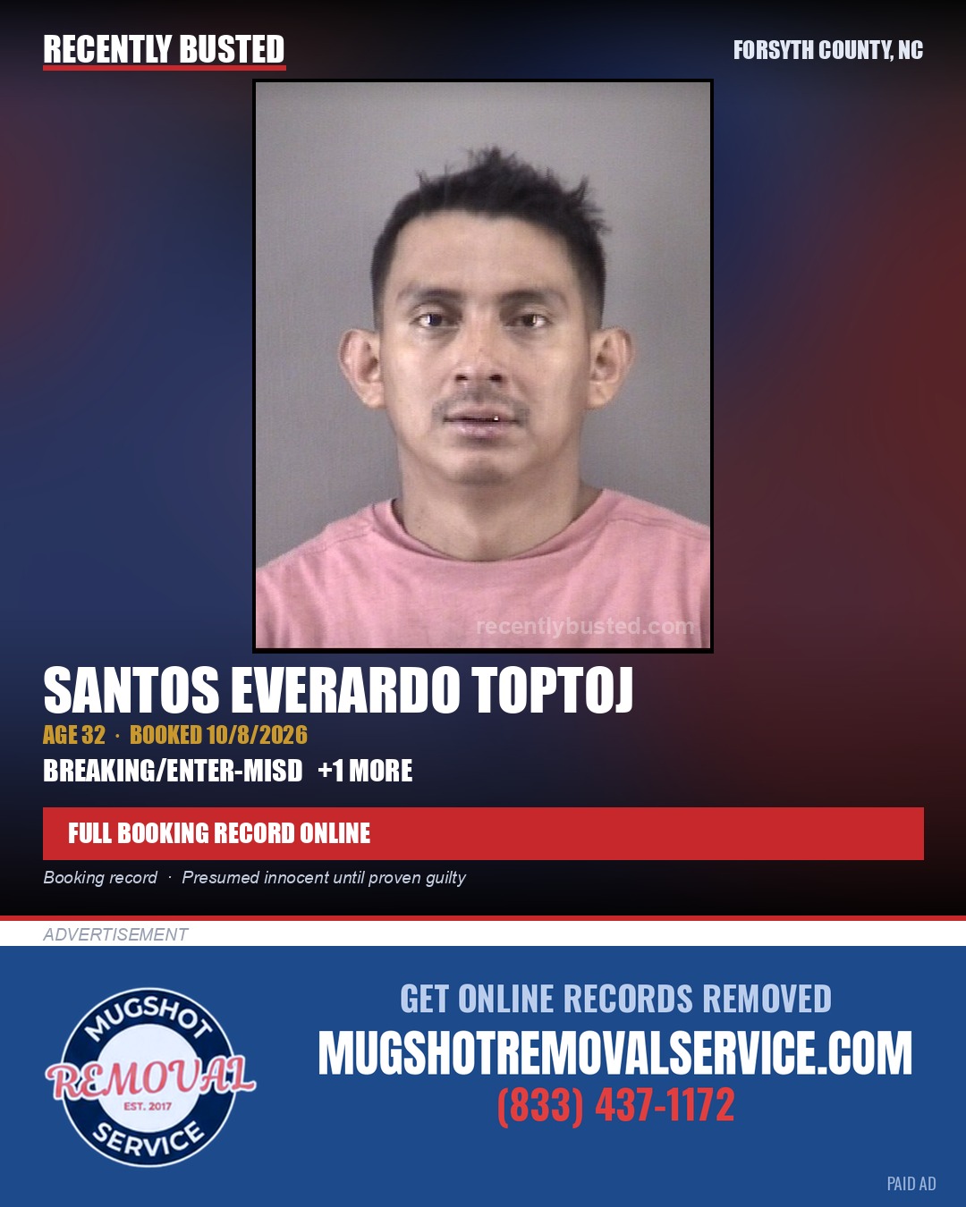 SANTOS EVERARDO TOPTOJ — arrest record card, Forsyth County, North Carolina