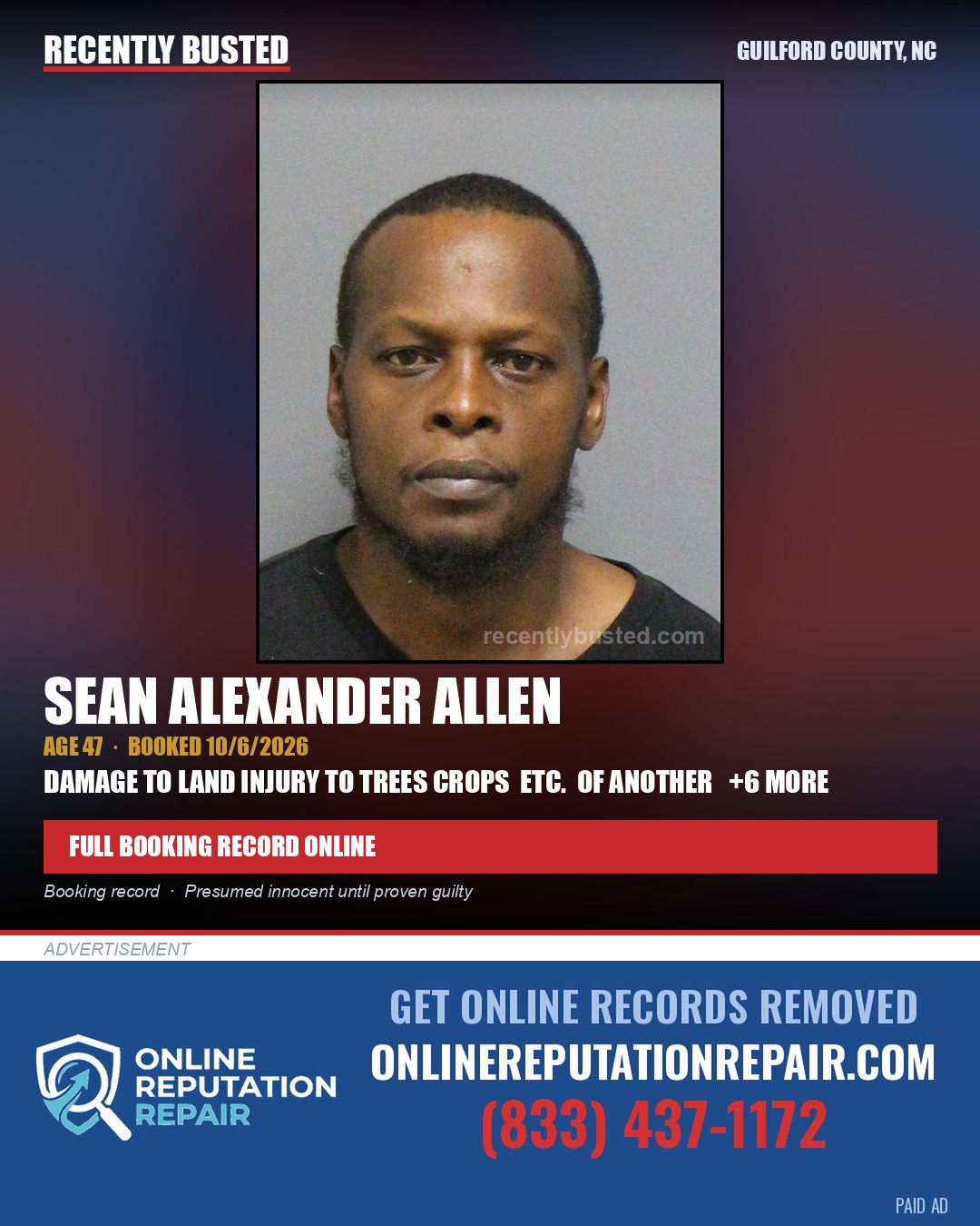 SEAN ALEXANDER ALLEN — arrest record card, Guilford County, North Carolina