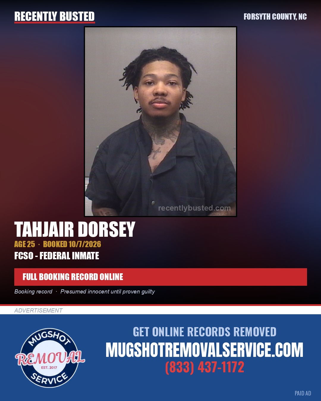 TAHJAIR DORSEY — arrest record card, Forsyth County, North Carolina