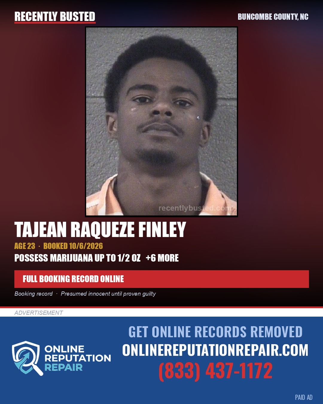 TAJEAN RAQUEZE FINLEY — arrest record card, Buncombe County, North Carolina