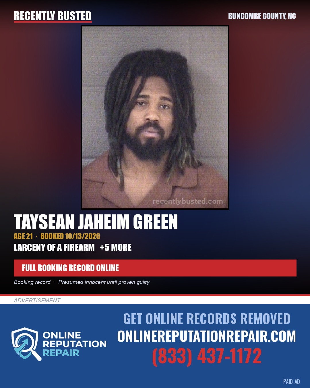 TAYSEAN JAHEIM GREEN — arrest record card, Buncombe County, North Carolina