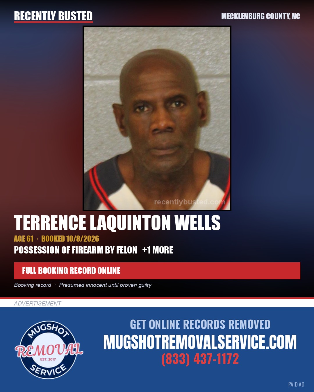 TERRENCE LAQUINTON WELLS — arrest record card, Mecklenburg County, North Carolina
