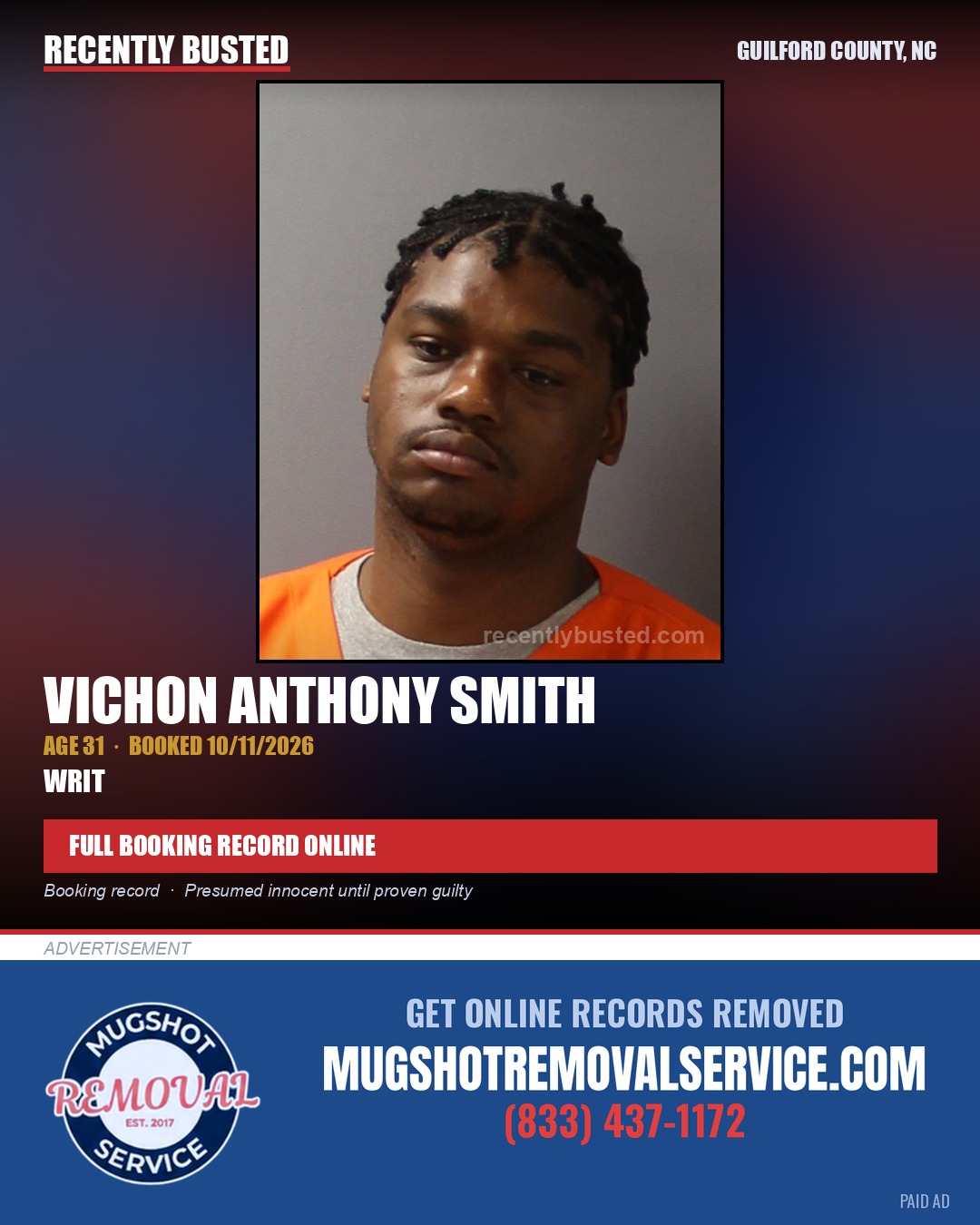 VICHON ANTHONY SMITH — arrest record card, Guilford County, North Carolina