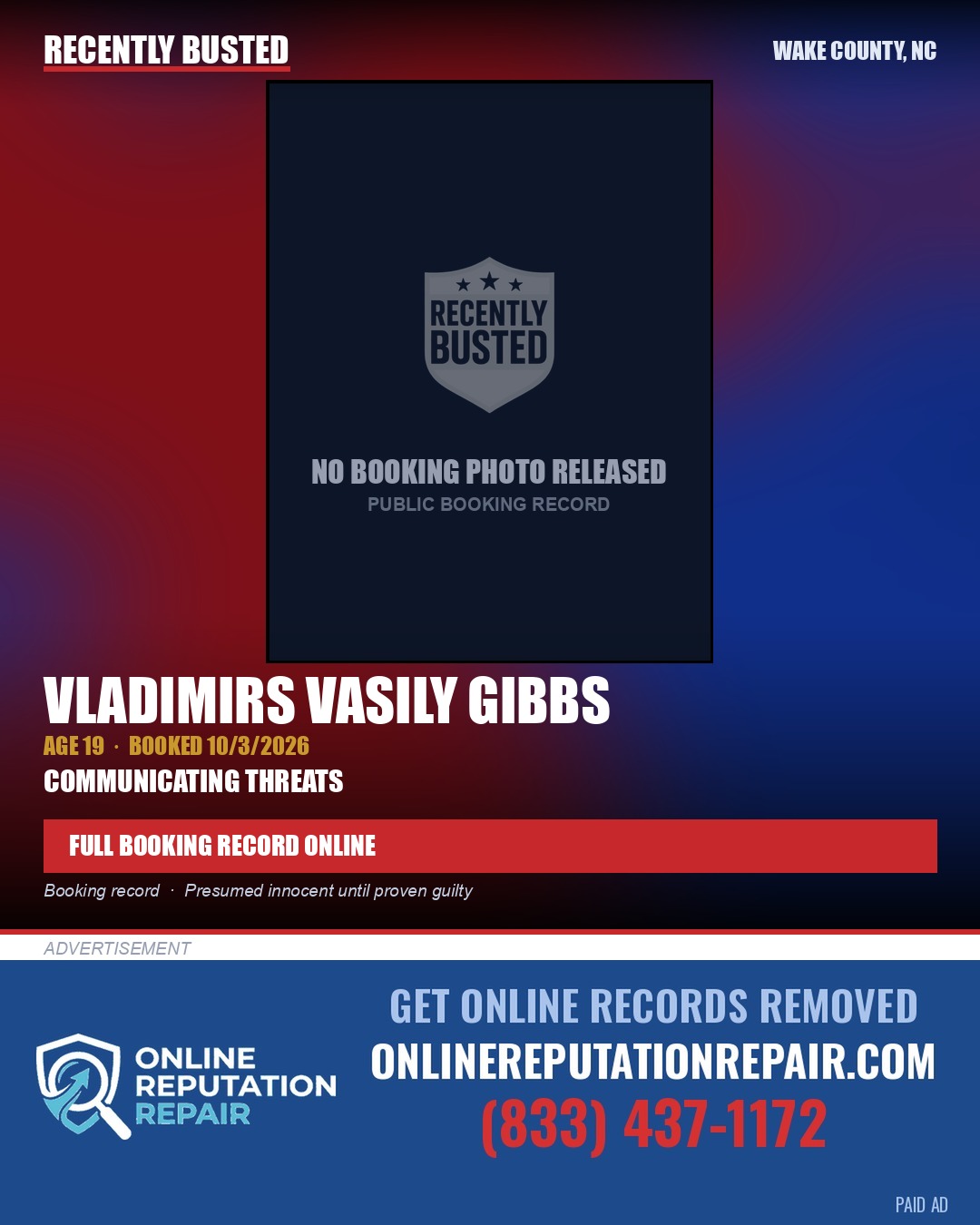 VLADIMIRS VASILY GIBBS — arrest record card, Wake County, North Carolina