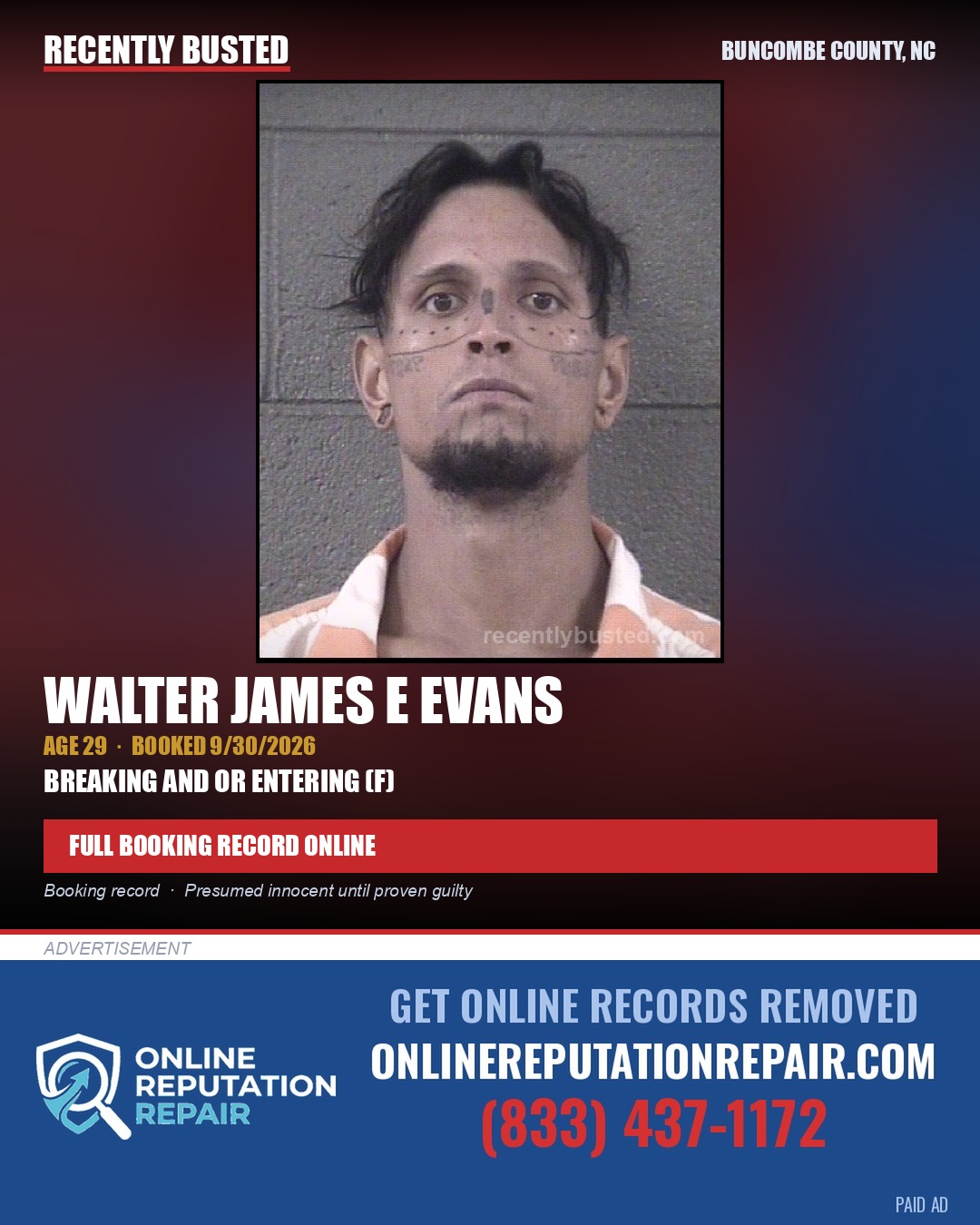 WALTER JAMES E EVANS — arrest record card, Buncombe County, North Carolina