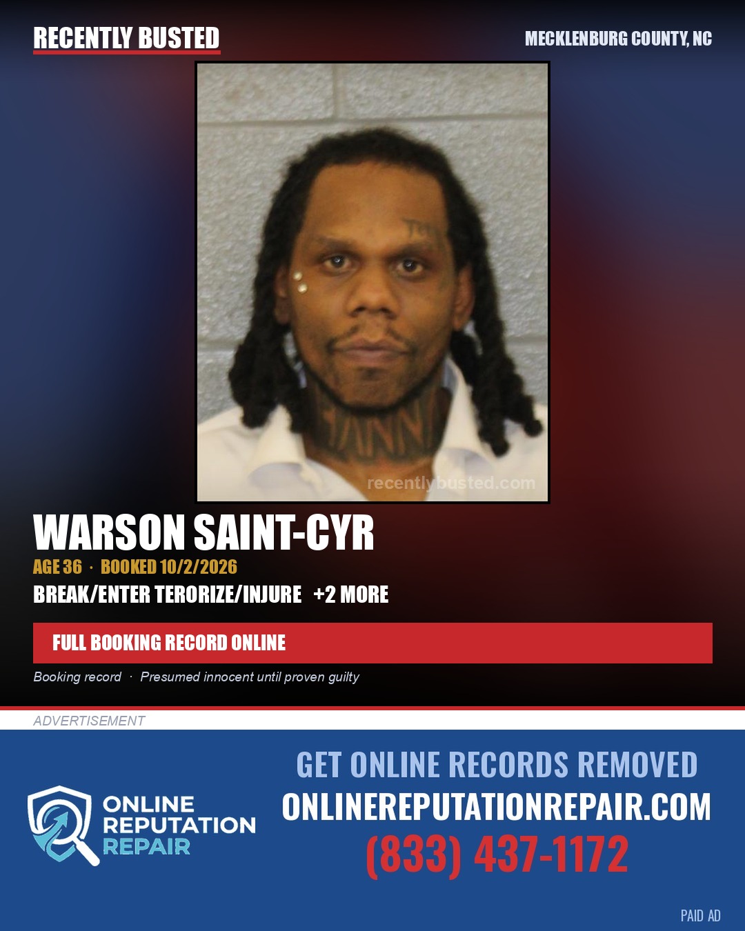 WARSON SAINT-CYR — arrest record card, Mecklenburg County, North Carolina