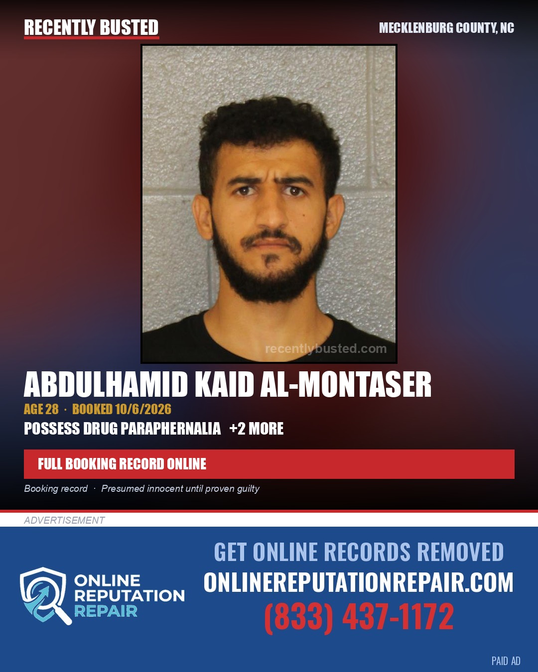ABDULHAMID KAID AL-MONTASER — arrest record card, Mecklenburg County, North Carolina