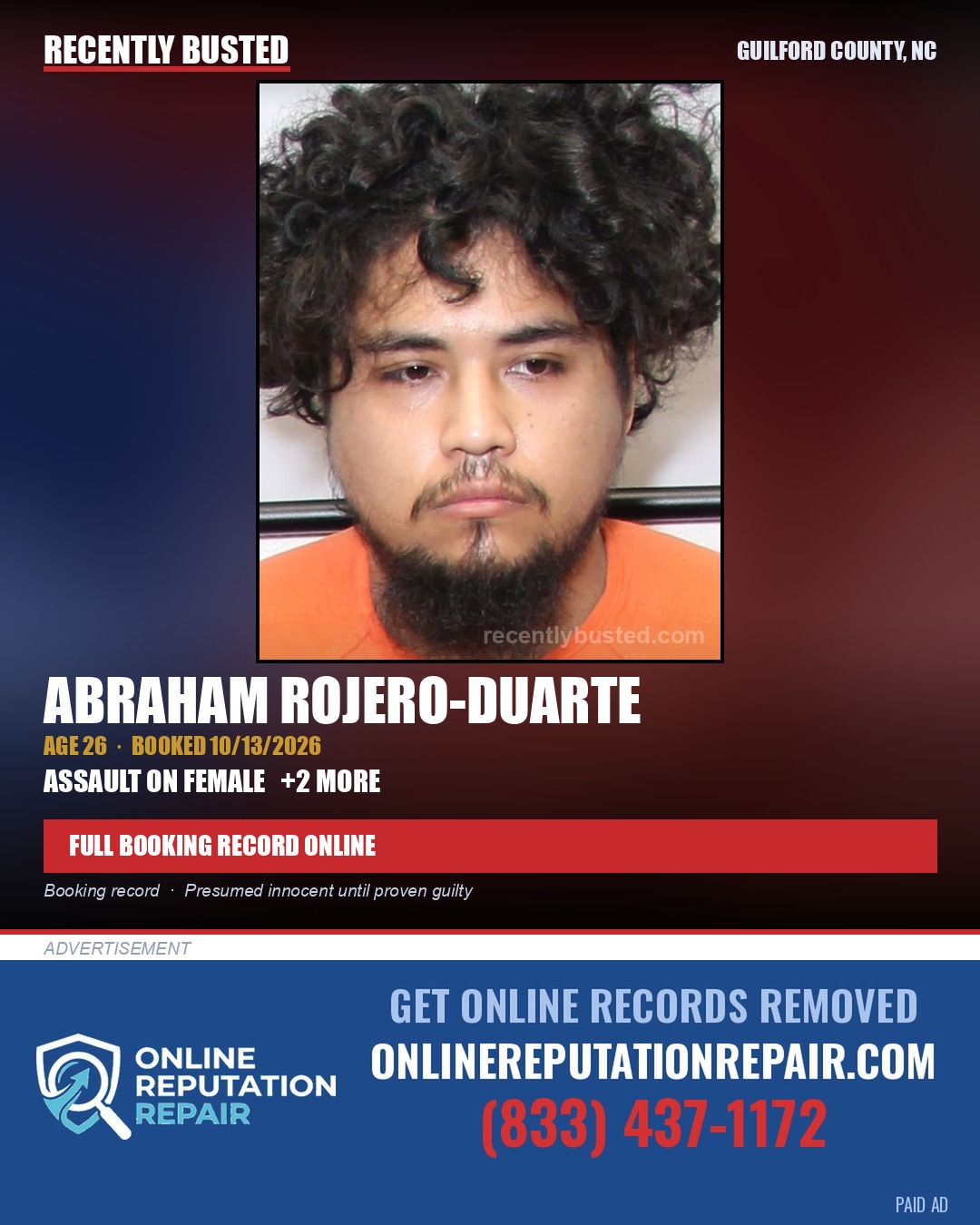 ABRAHAM ROJERO-DUARTE — arrest record card, Guilford County, North Carolina