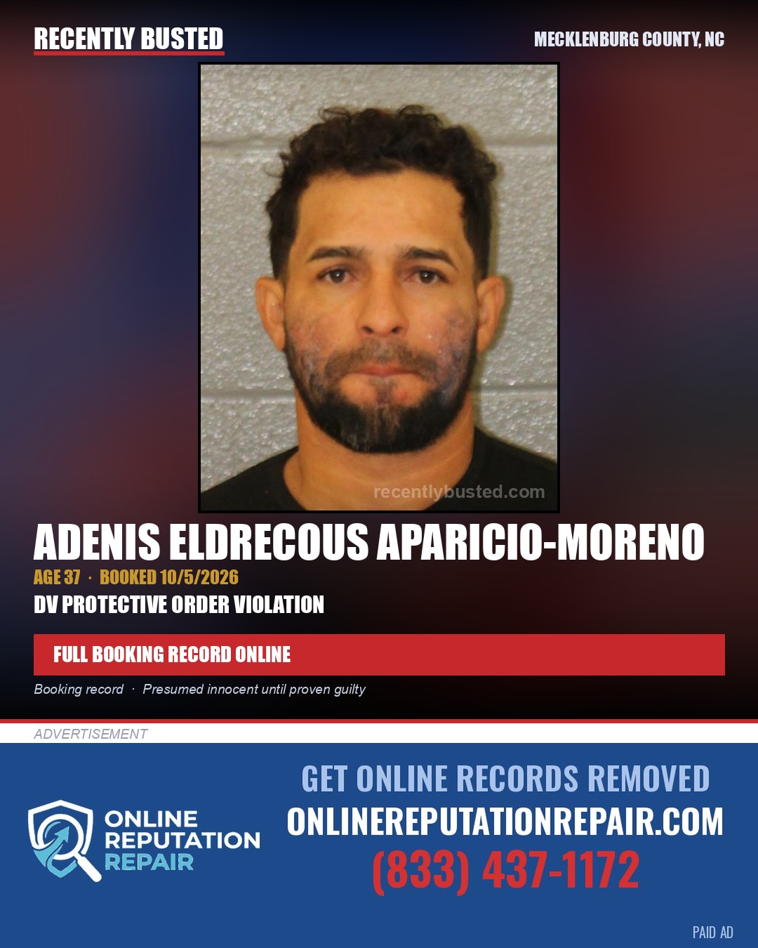 ADENIS ELDRECOUS APARICIO-MORENO — arrest record card, Mecklenburg County, North Carolina