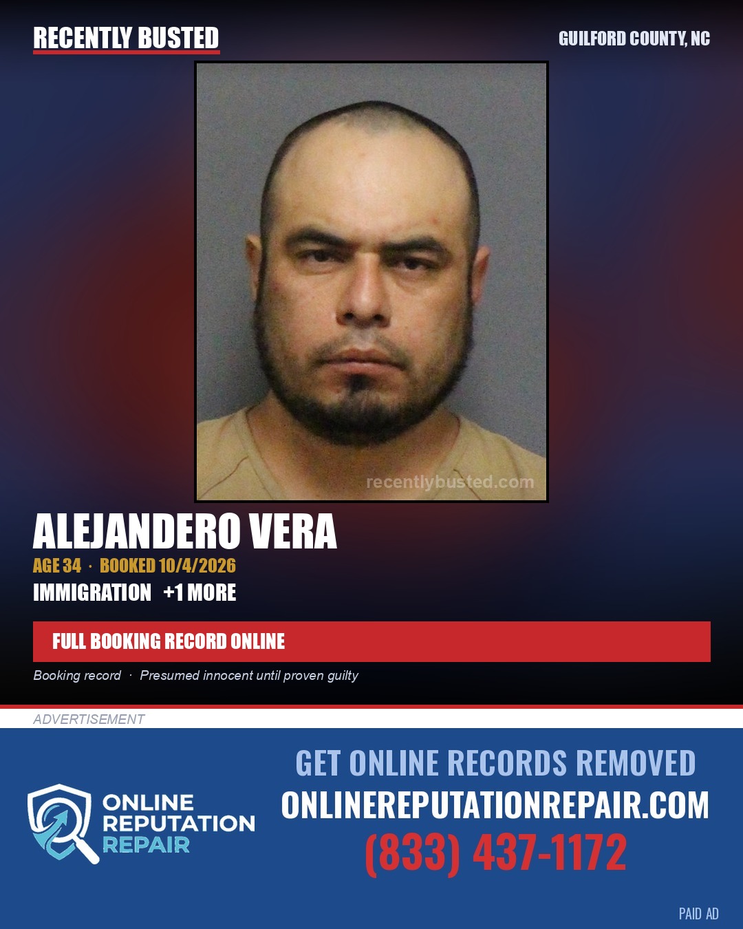 ALEJANDERO VERA — arrest record card, Guilford County, North Carolina