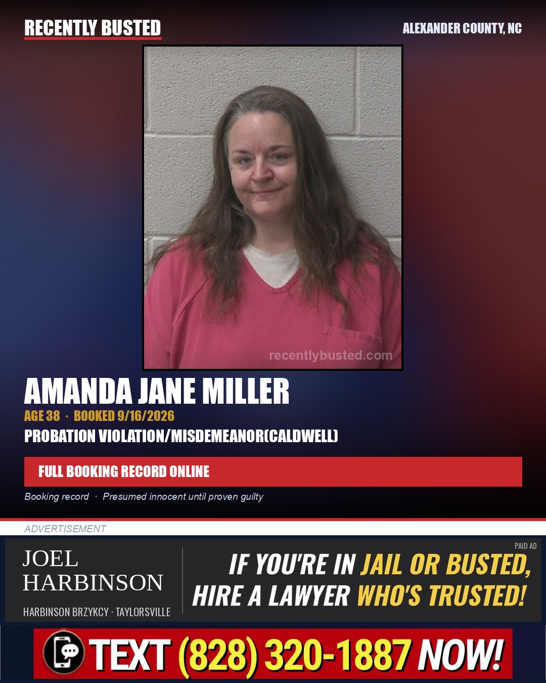 AMANDA JANE MILLER — arrest record card, Alexander County, North Carolina