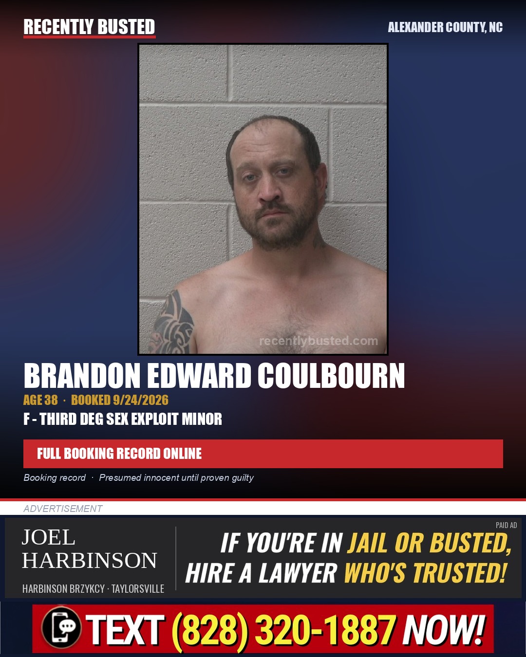 BRANDON EDWARD COULBOURN — arrest record card, Alexander County, North Carolina