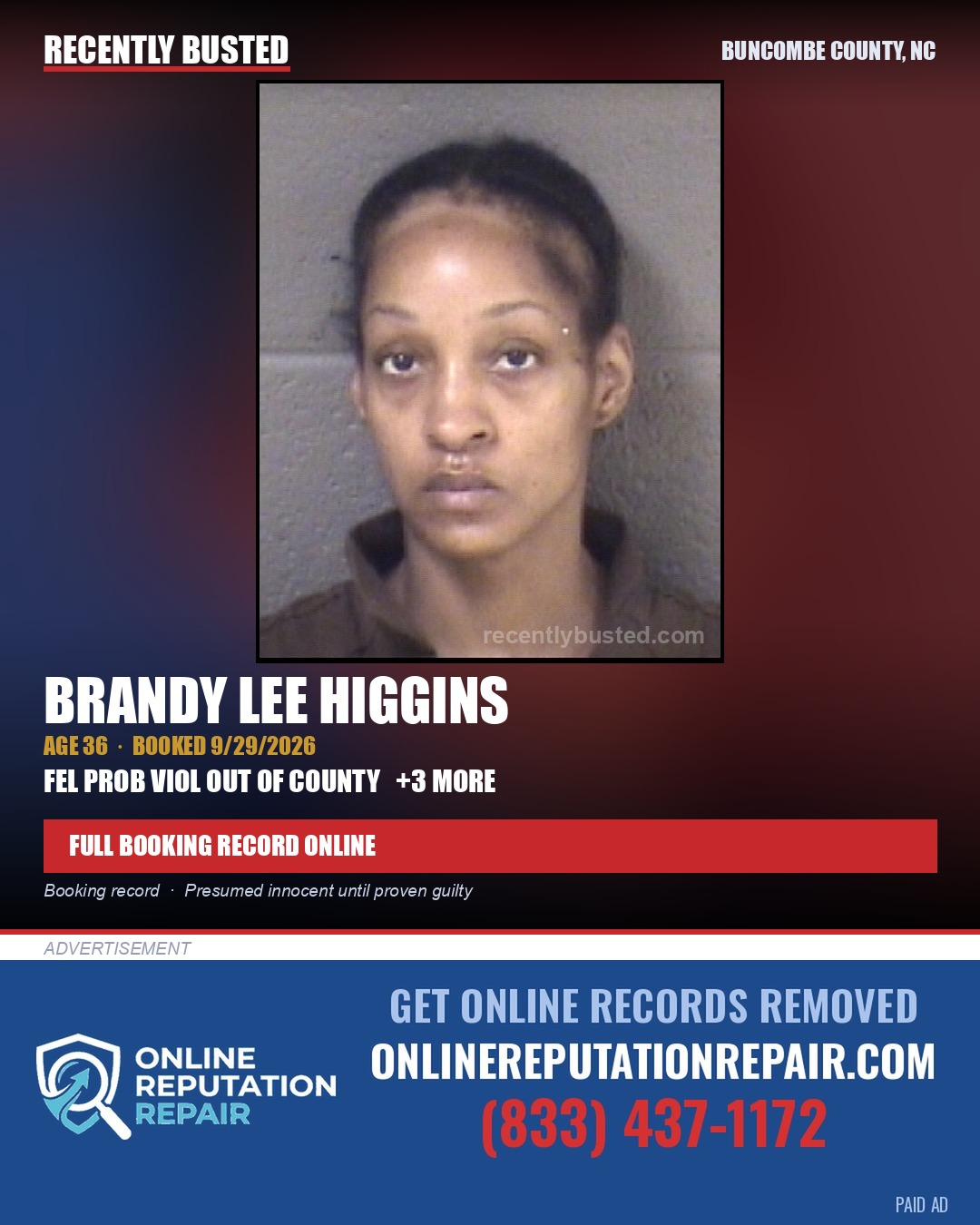 BRANDY LEE HIGGINS — arrest record card, Buncombe County, North Carolina