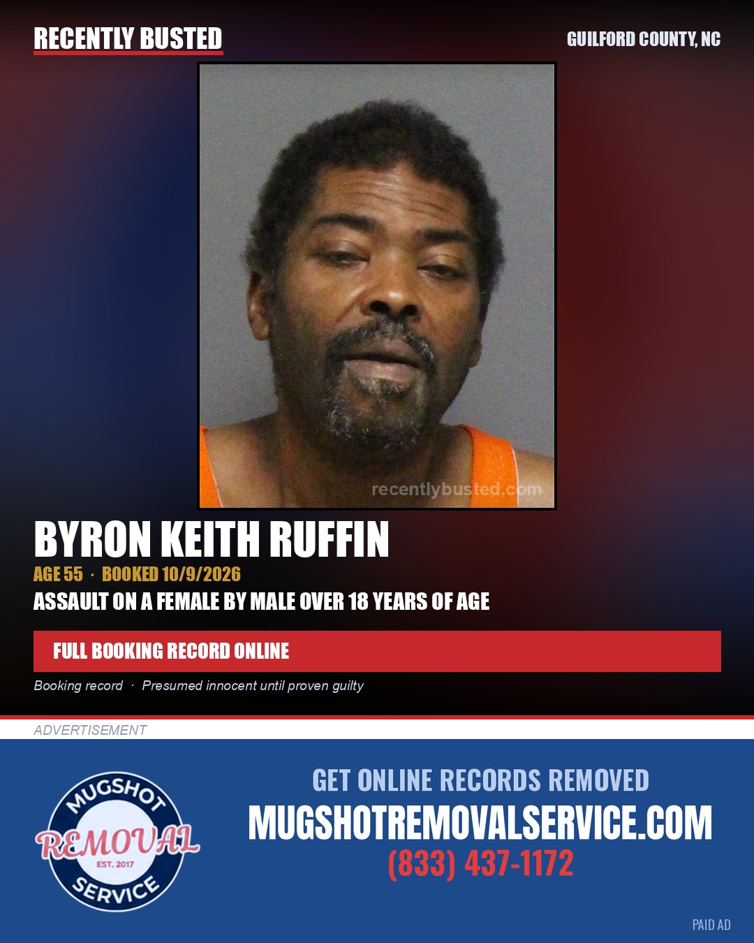 BYRON KEITH RUFFIN — arrest record card, Guilford County, North Carolina