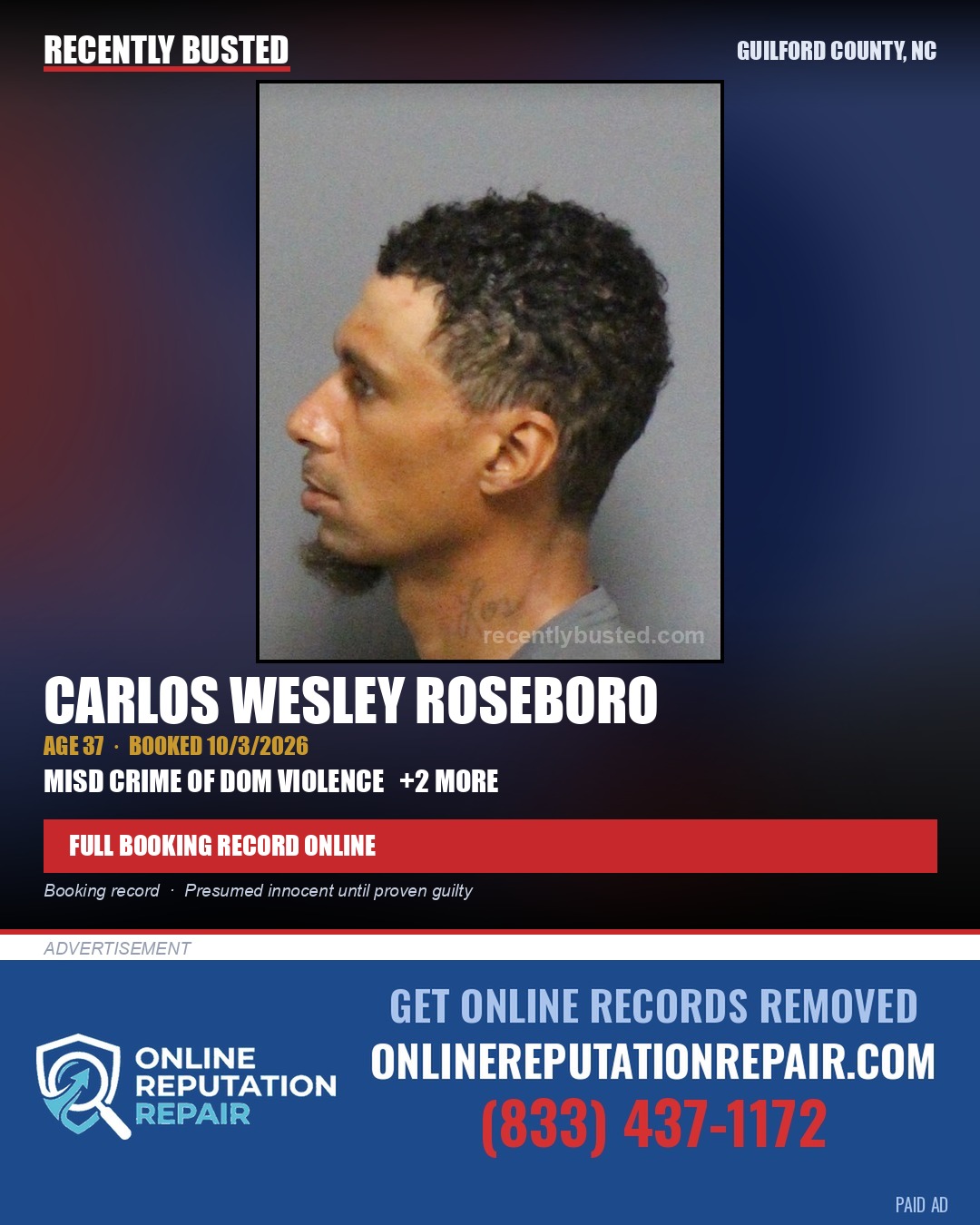 CARLOS WESLEY ROSEBORO — arrest record card, Guilford County, North Carolina