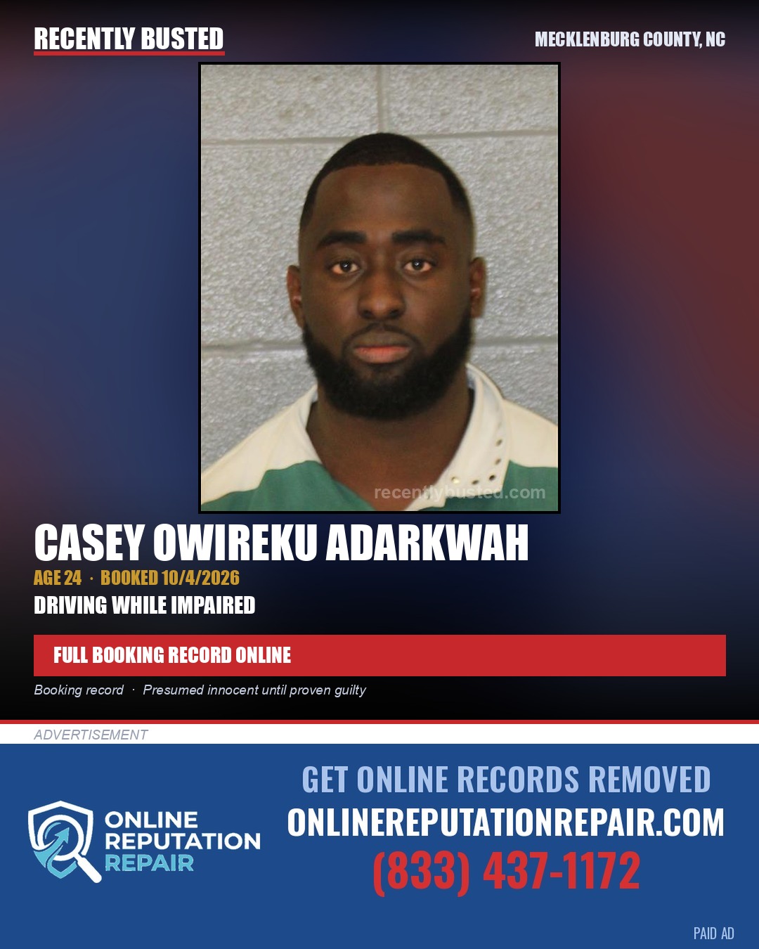 CASEY OWIREKU ADARKWAH — arrest record card, Mecklenburg County, North Carolina