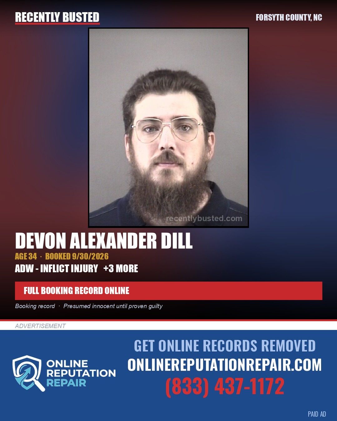 DEVON ALEXANDER DILL — arrest record card, Forsyth County, North Carolina