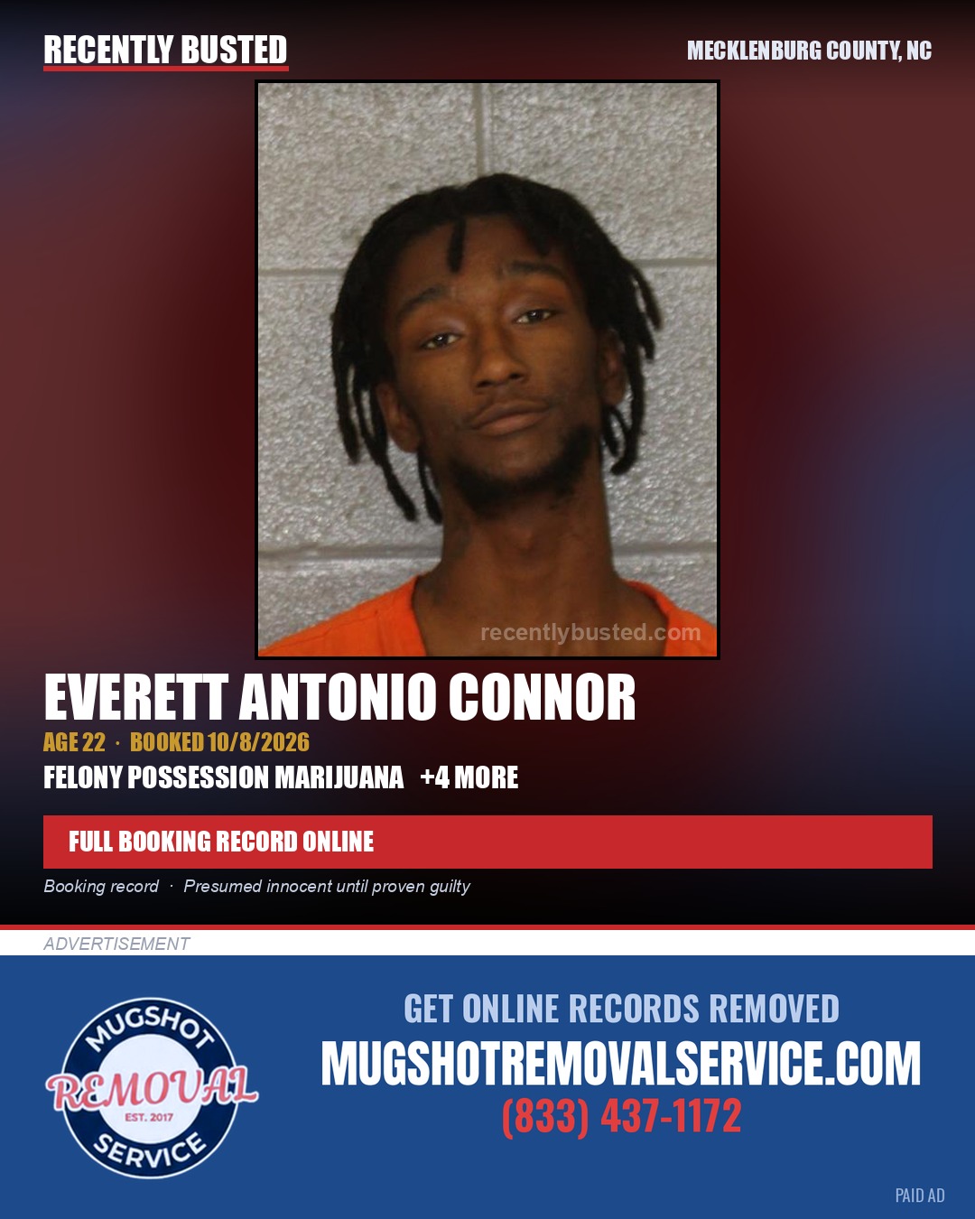 EVERETT ANTONIO CONNOR — arrest record card, Mecklenburg County, North Carolina