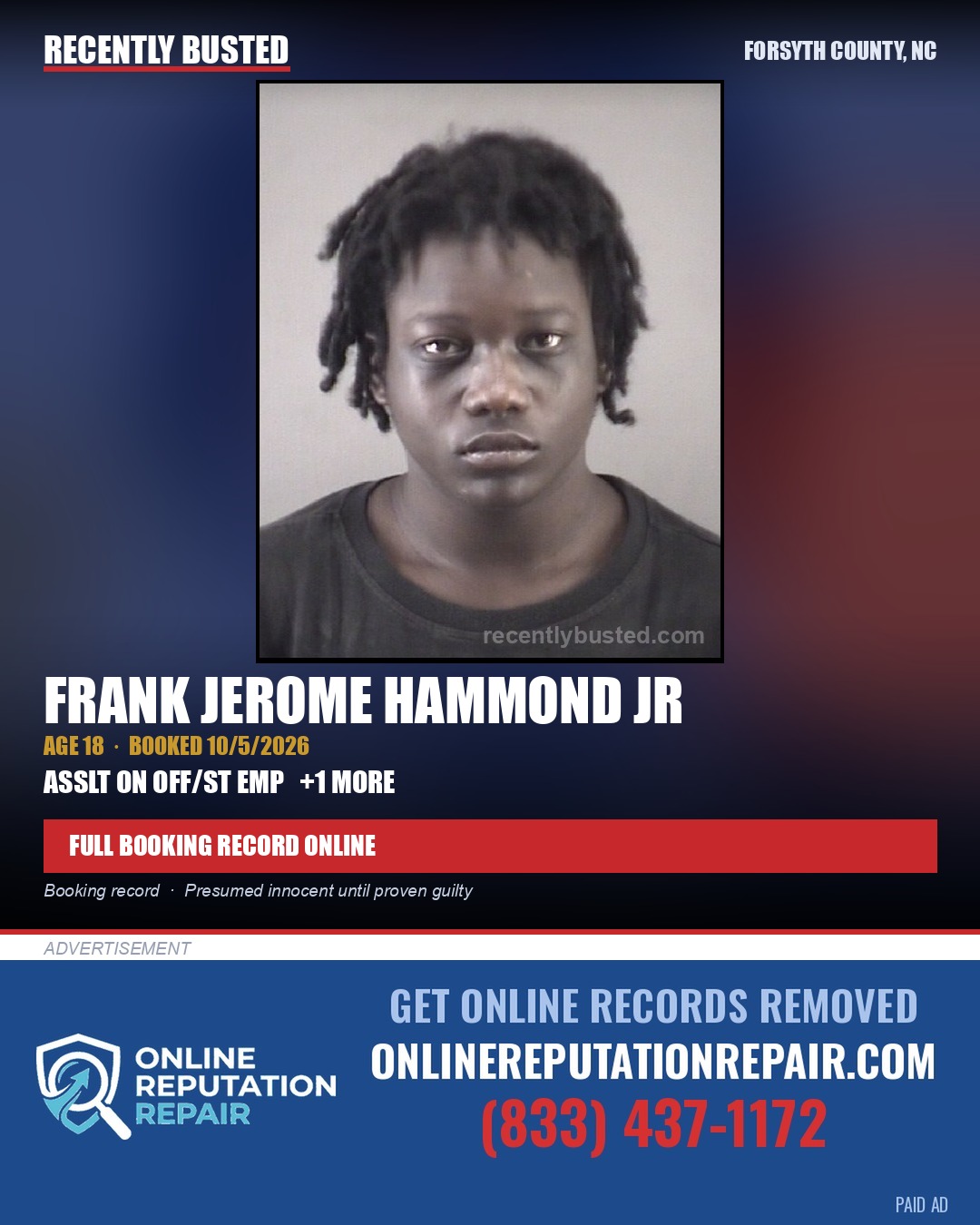 FRANK JEROME HAMMOND JR — arrest record card, Forsyth County, North Carolina