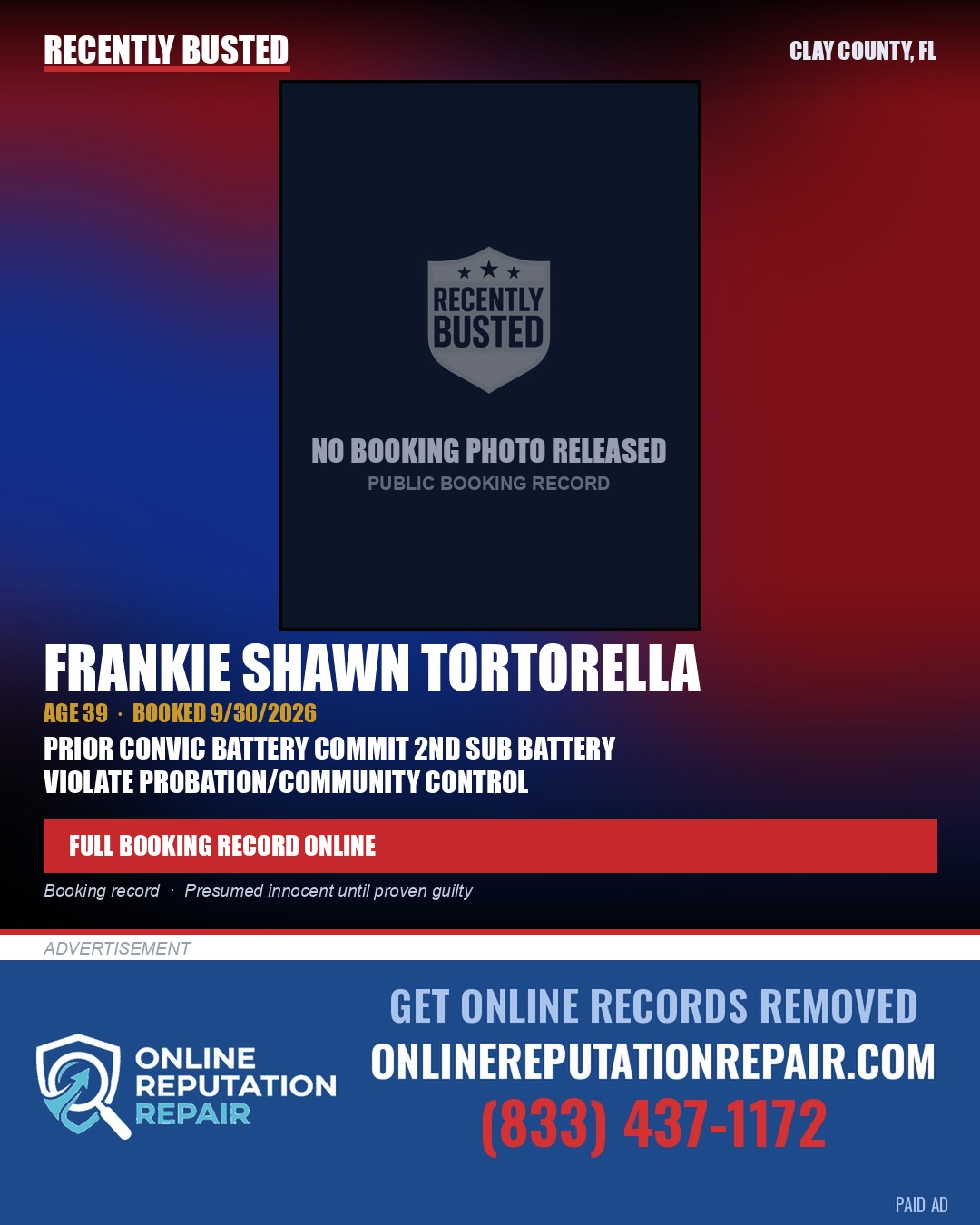 FRANKIE SHAWN TORTORELLA — arrest record card, Clay County, Florida