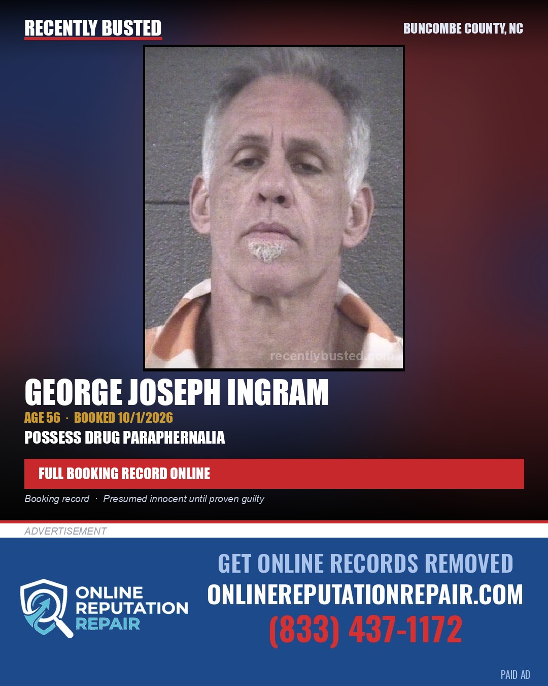 GEORGE JOSEPH INGRAM — arrest record card, Buncombe County, North Carolina