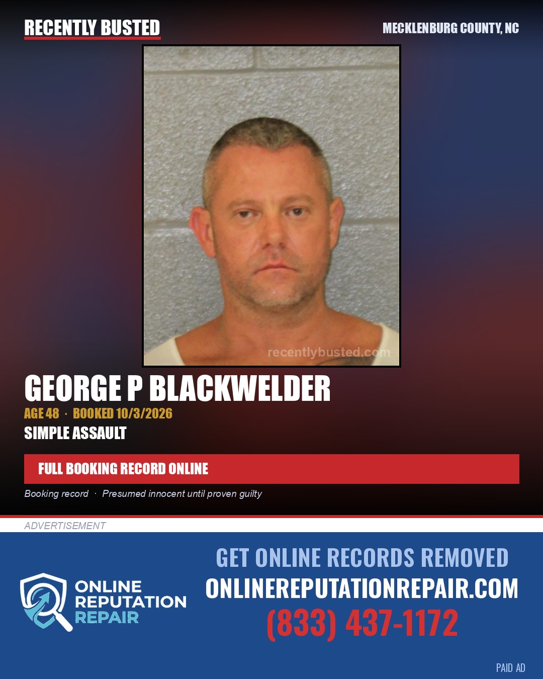 GEORGE P BLACKWELDER — arrest record card, Mecklenburg County, North Carolina