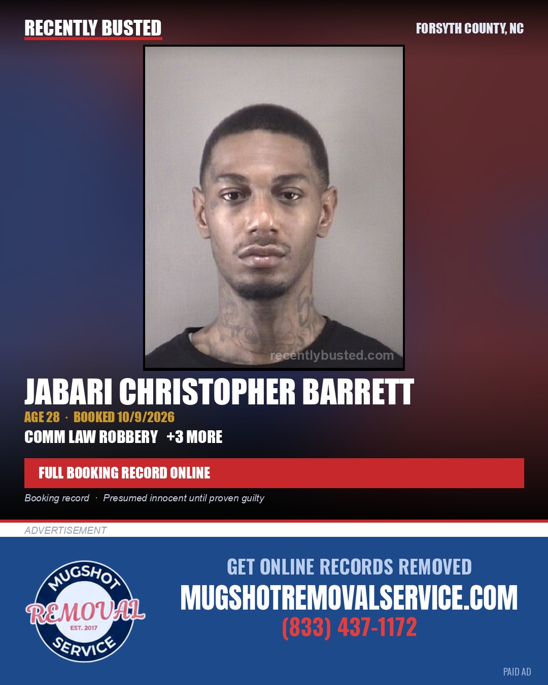 JABARI CHRISTOPHER BARRETT — arrest record card, Forsyth County, North Carolina