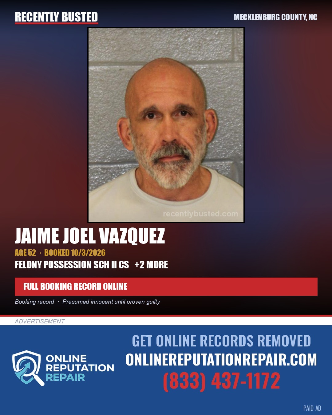 JAIME JOEL VAZQUEZ — arrest record card, Mecklenburg County, North Carolina