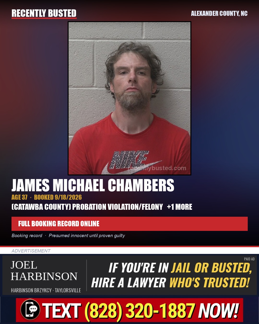 JAMES MICHAEL CHAMBERS — arrest record card, Alexander County, North Carolina