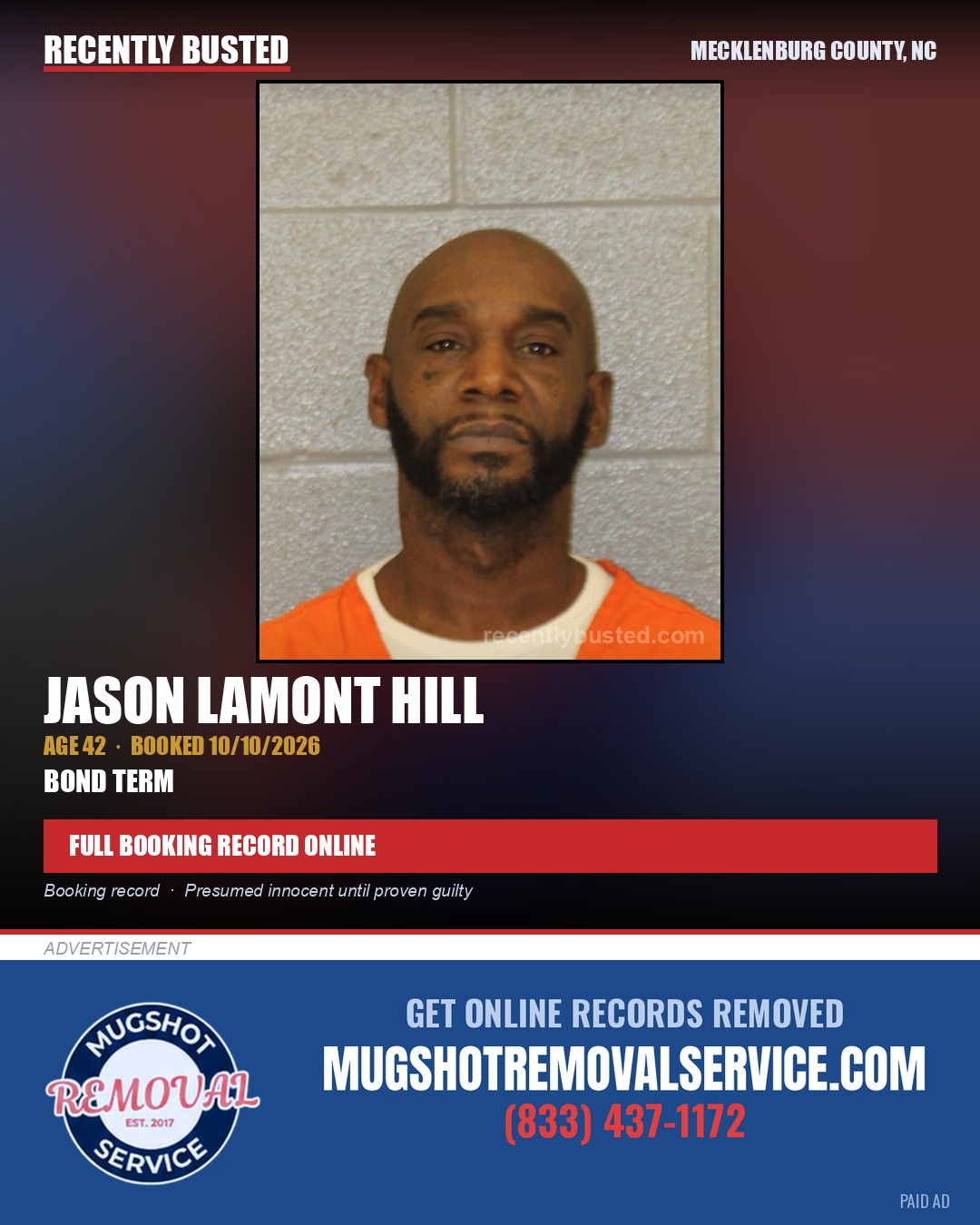 JASON LAMONT HILL — arrest record card, Mecklenburg County, North Carolina