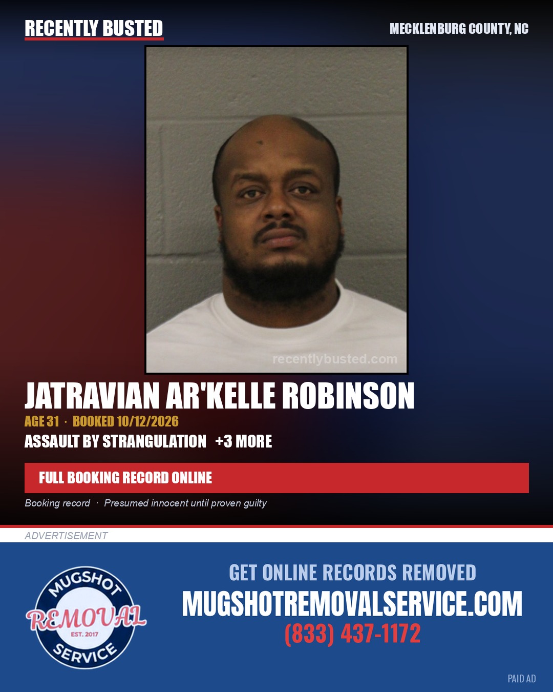 JATRAVIAN AR'KELLE ROBINSON — arrest record card, Mecklenburg County, North Carolina