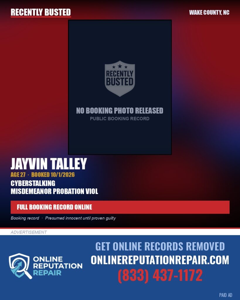 JAYVIN TALLEY — arrest record card, Wake County, North Carolina