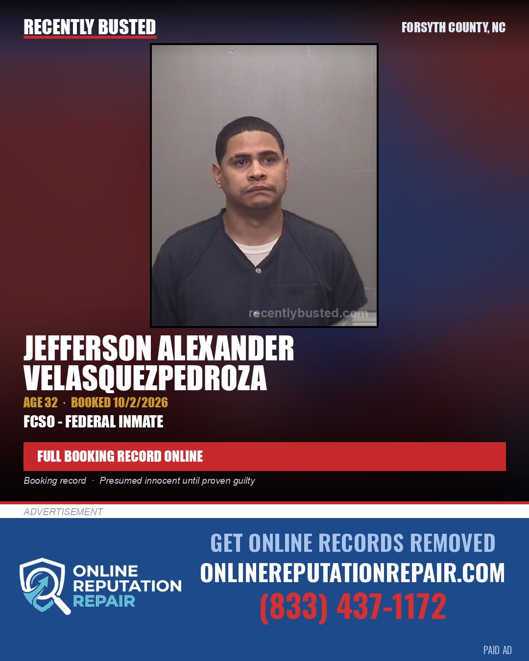 JEFFERSON ALEXANDER VELASQUEZPEDROZA — arrest record card, Forsyth County, North Carolina